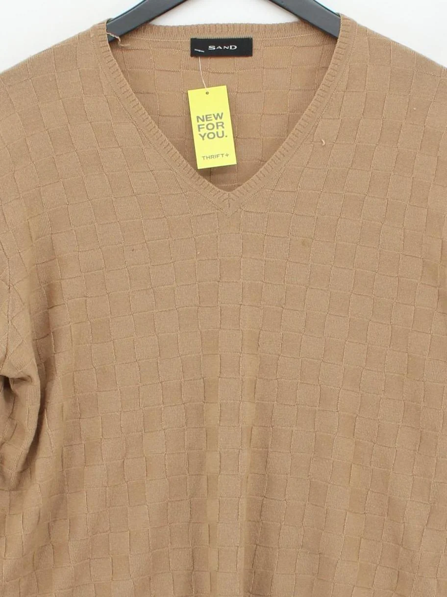 SAND Men's Jumper L Tan Checkered 100% Wool V-Neck Pullover - Image 3