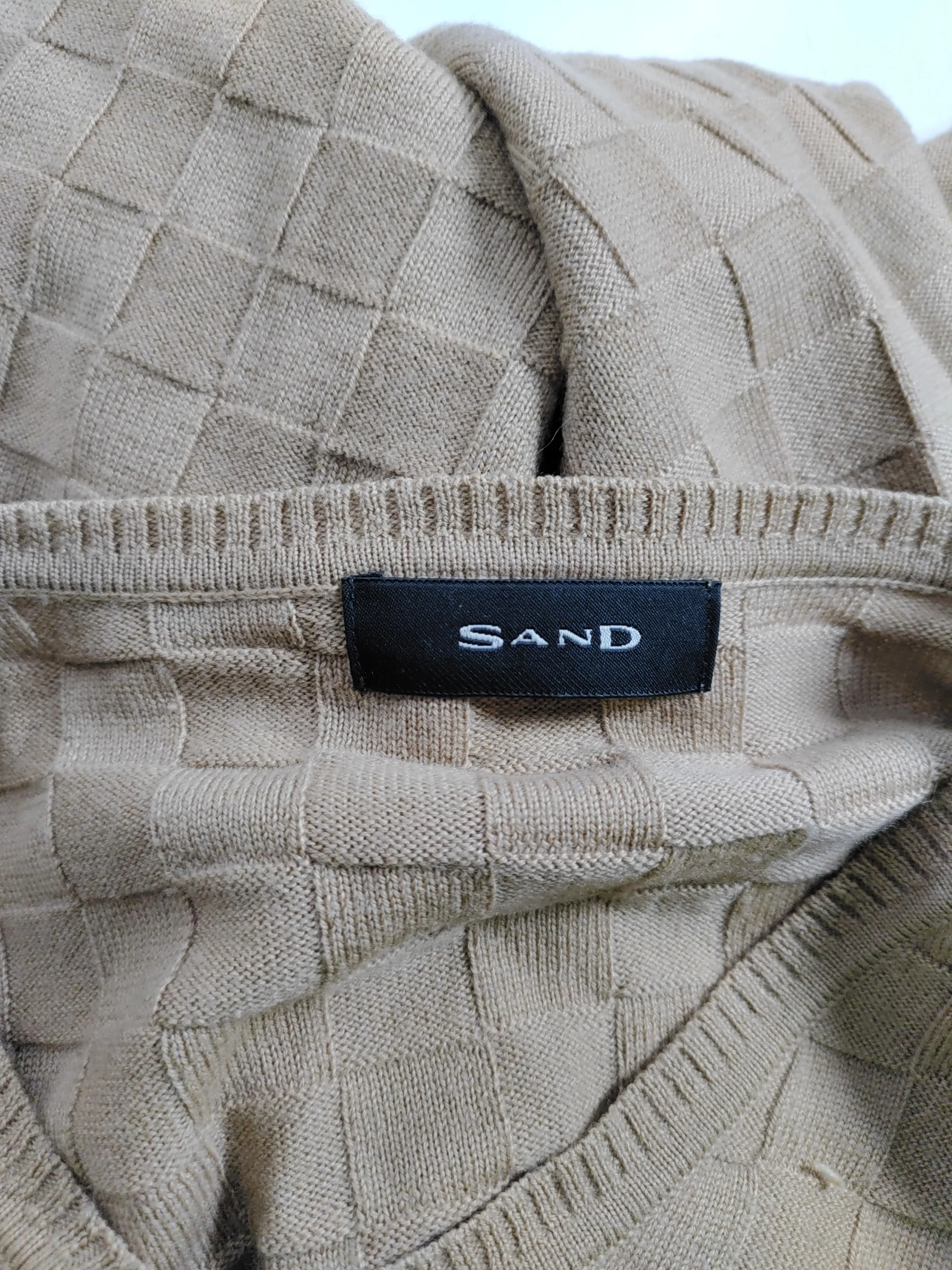 SAND Men's Jumper L Tan Checkered 100% Wool V-Neck Pullover - Image 5