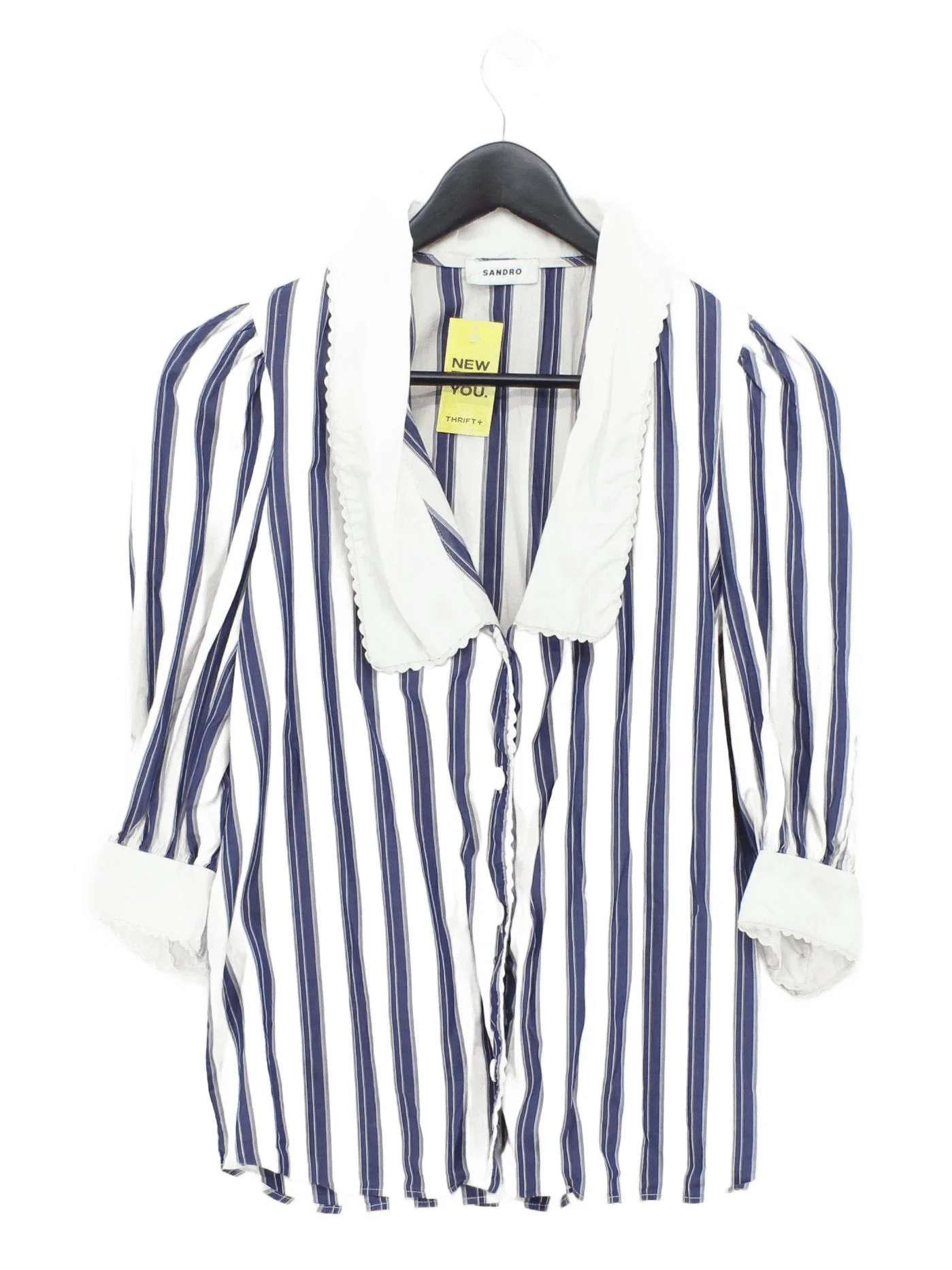 Sandro Women's Blouse S Multi Striped 100% Cotton 3/4 Sleeve Collared Basic