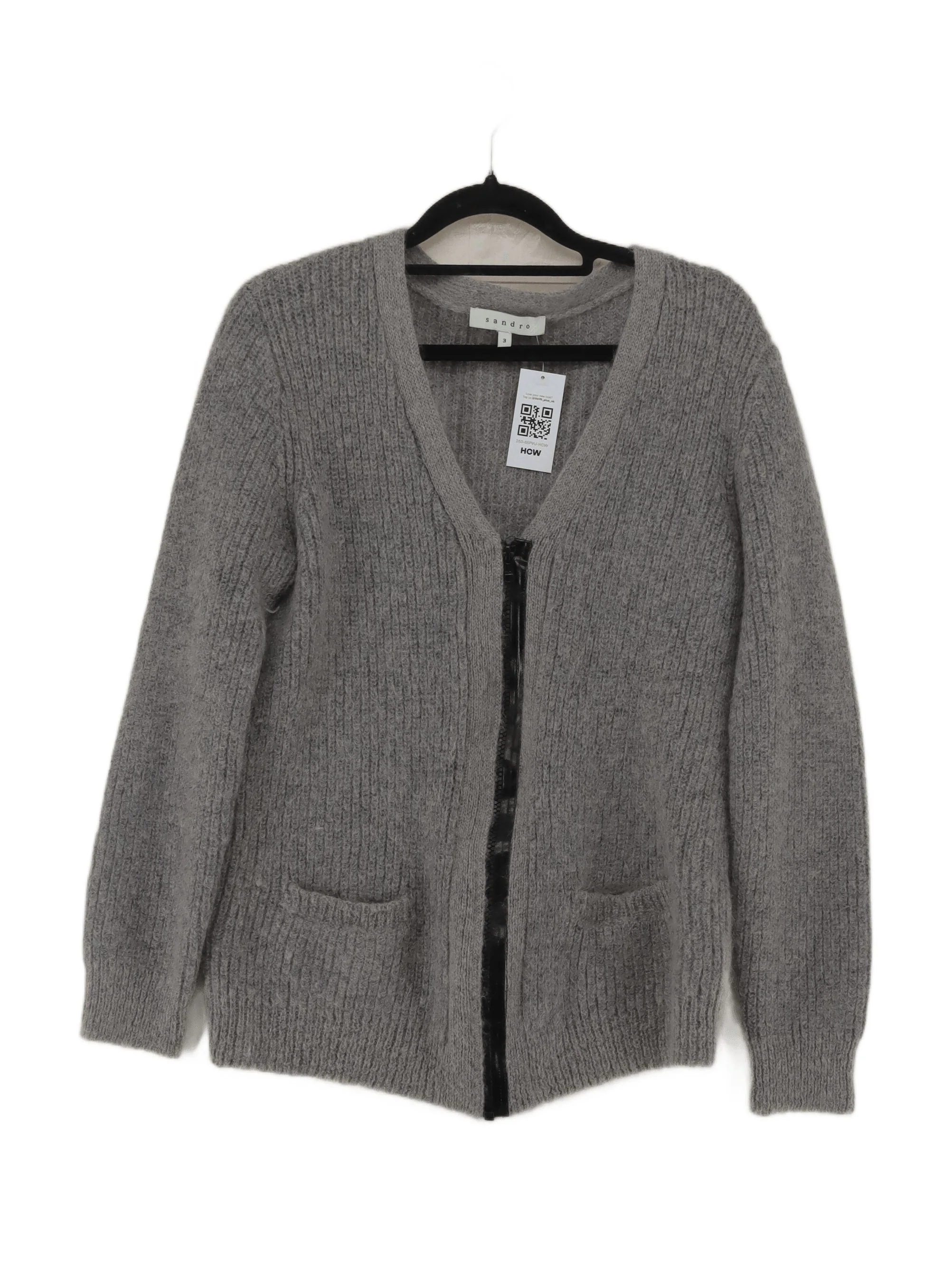 Sandro Women's Cardigan L Grey Mohair with Polyamide, Wool V-Neck Cardigan