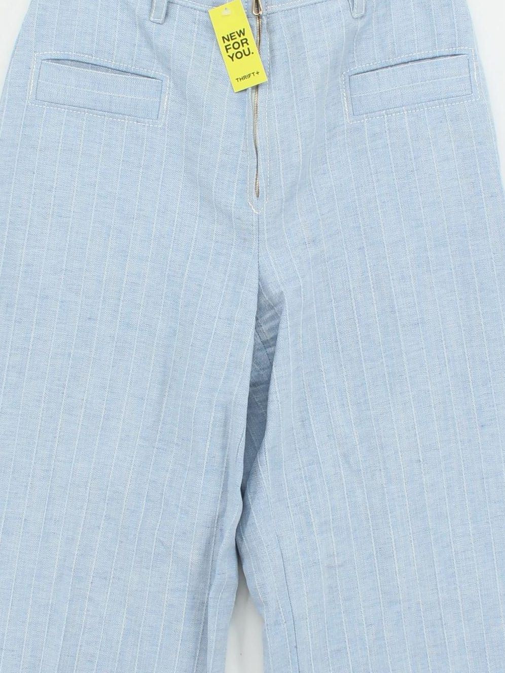 Sandro Women's Trousers UK 12 Blue Striped Cotton with Linen Wide-Leg Chino - Image 3