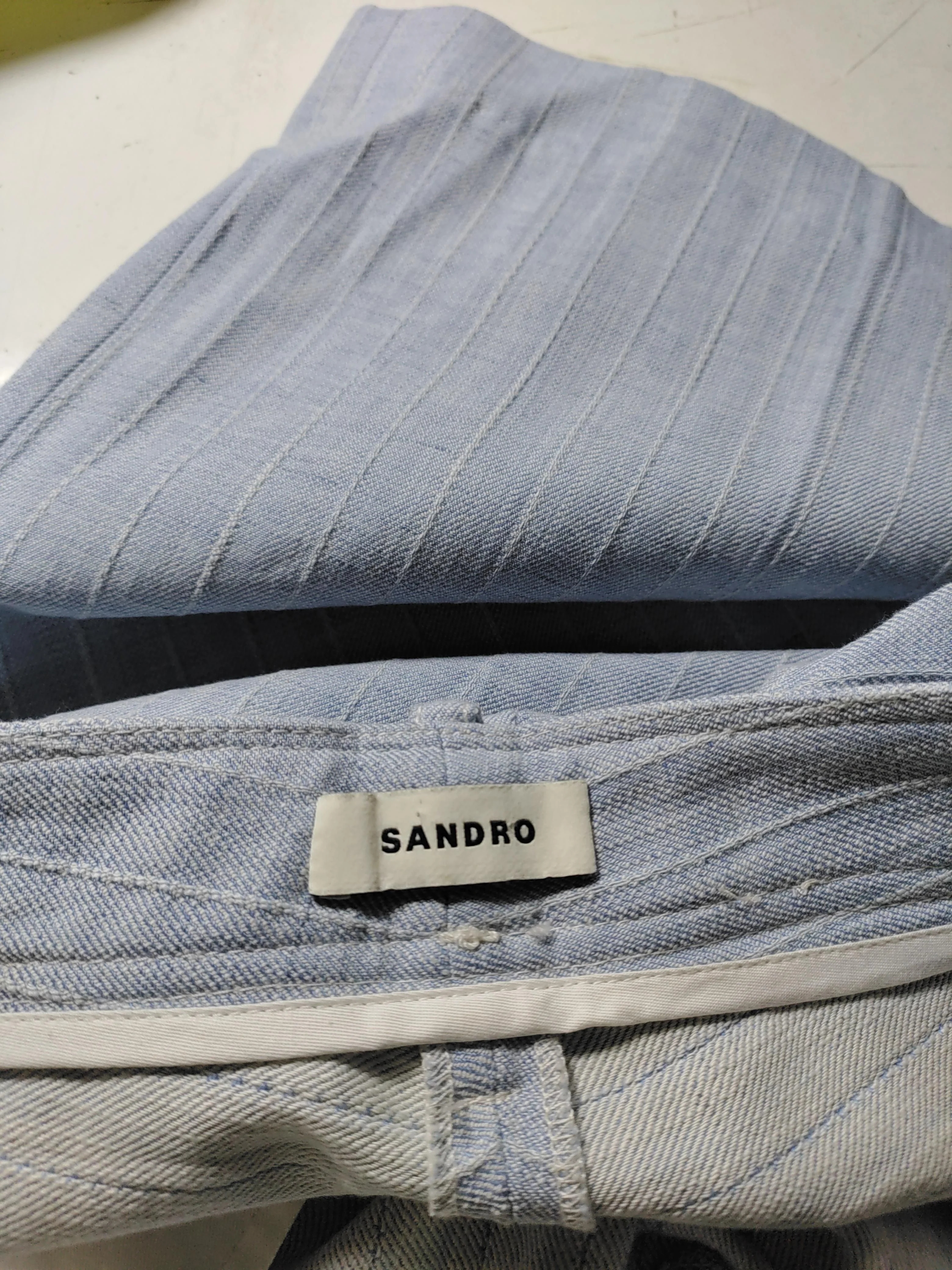 Sandro Women's Trousers UK 12 Blue Striped Cotton with Linen Wide-Leg Chino - Image 5