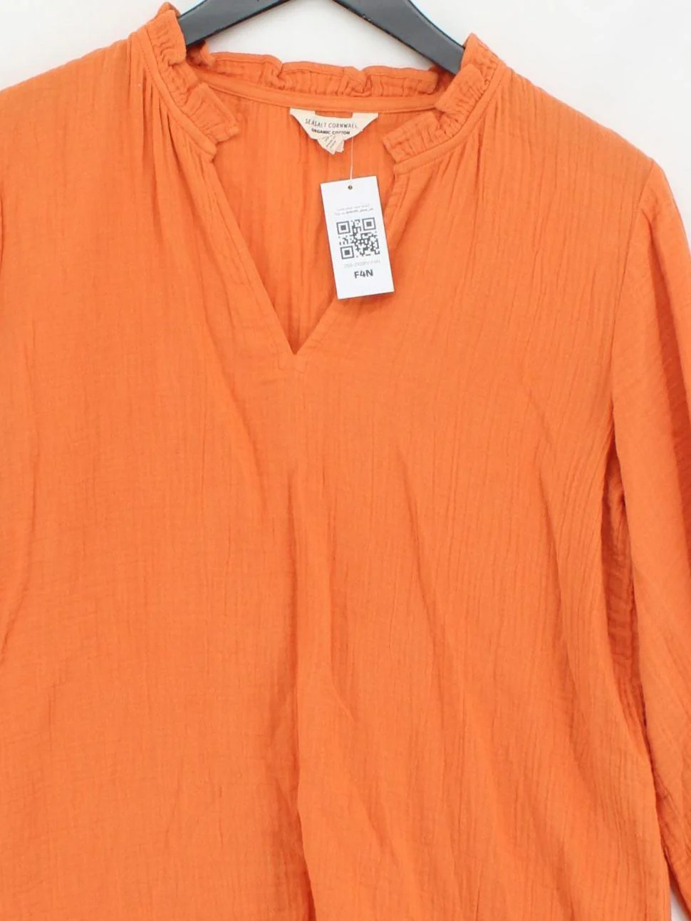 SEASALT CORNWALL Women's Blouse UK 12 Orange 100% Cotton 3/4 Sleeve V-Neck Basic - Image 3