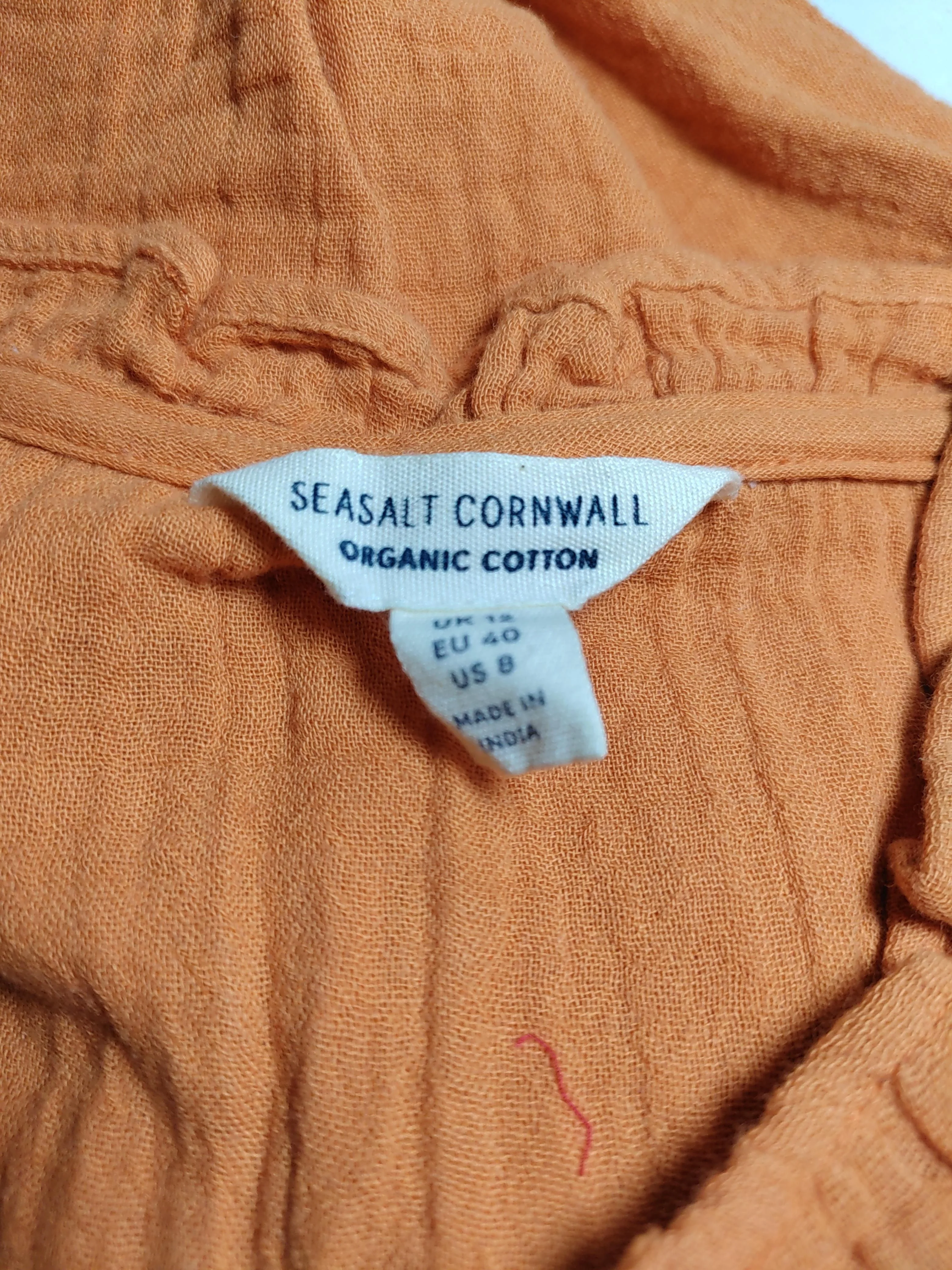 SEASALT CORNWALL Women's Blouse UK 12 Orange 100% Cotton 3/4 Sleeve V-Neck Basic - Image 5