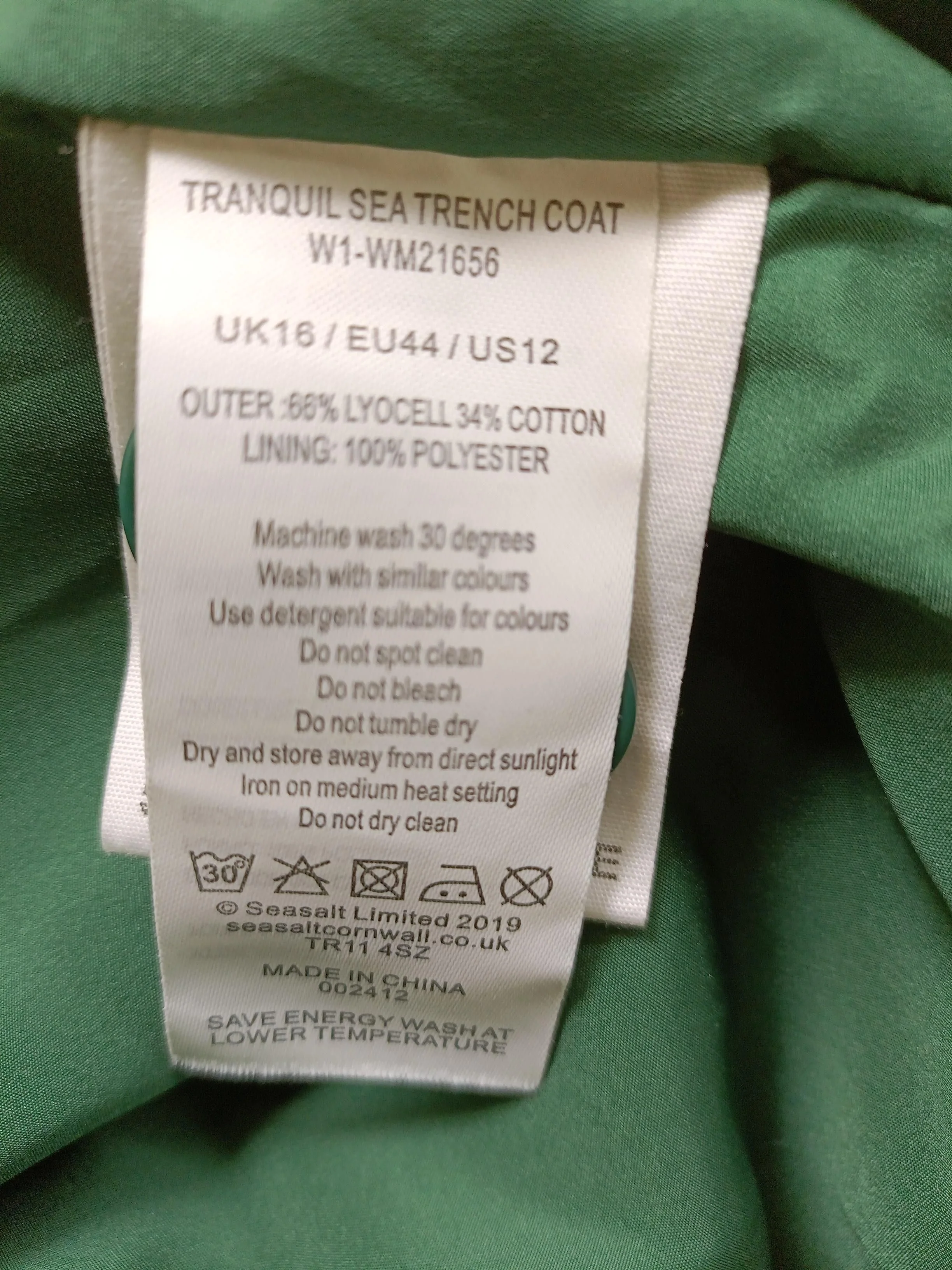 SEASALT CORNWALL Women's Coat UK 16 Green Lyocell Modal - Image 6