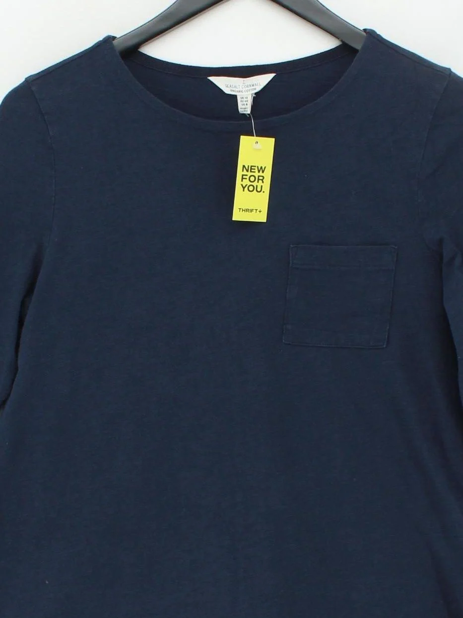 SEASALT CORNWALL Women's Top UK 12 Blue 100% Cotton 3/4 Sleeve Round Neck Basic - Image 3