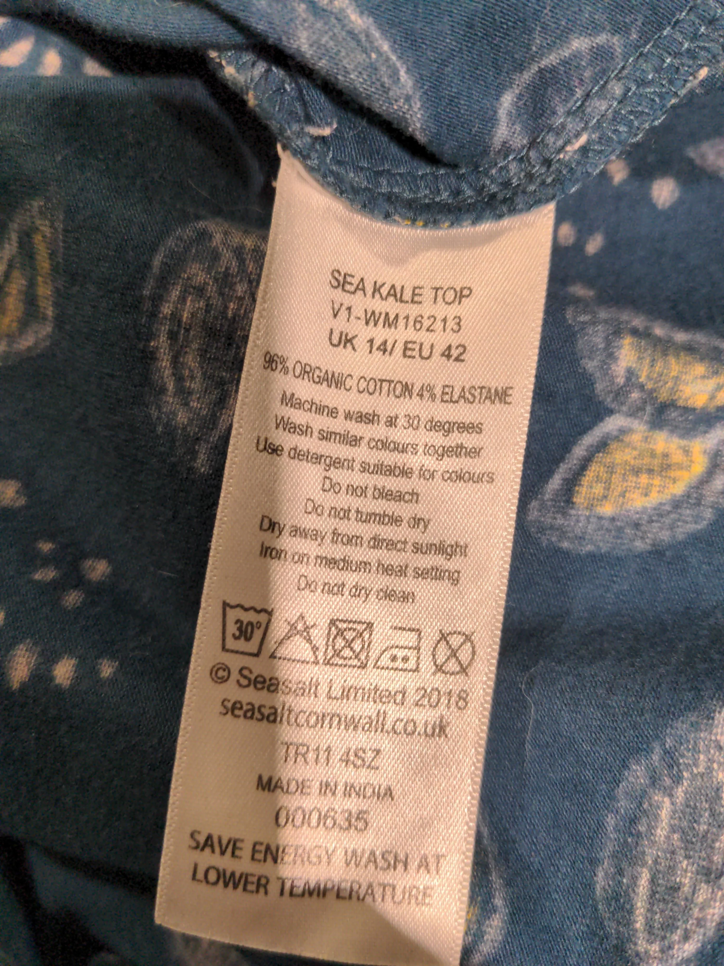 SEASALT CORNWALL Women's Top UK 14 Blue Cotton with Elastane Basic - Image 7