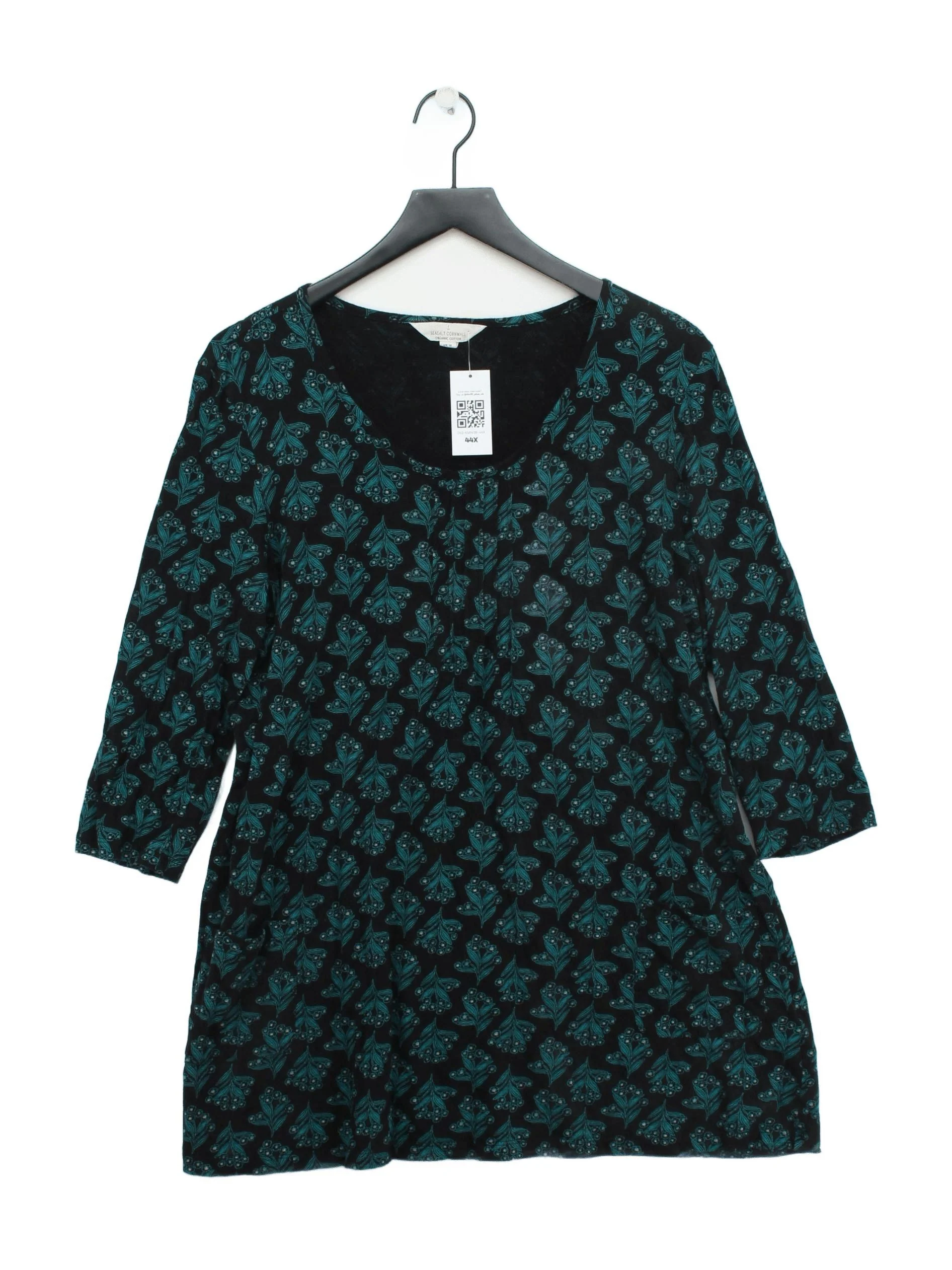 SEASALT CORNWALL Women's Top UK 16 Black 100% Cotton 3/4 Sleeve V-Neck Tunic