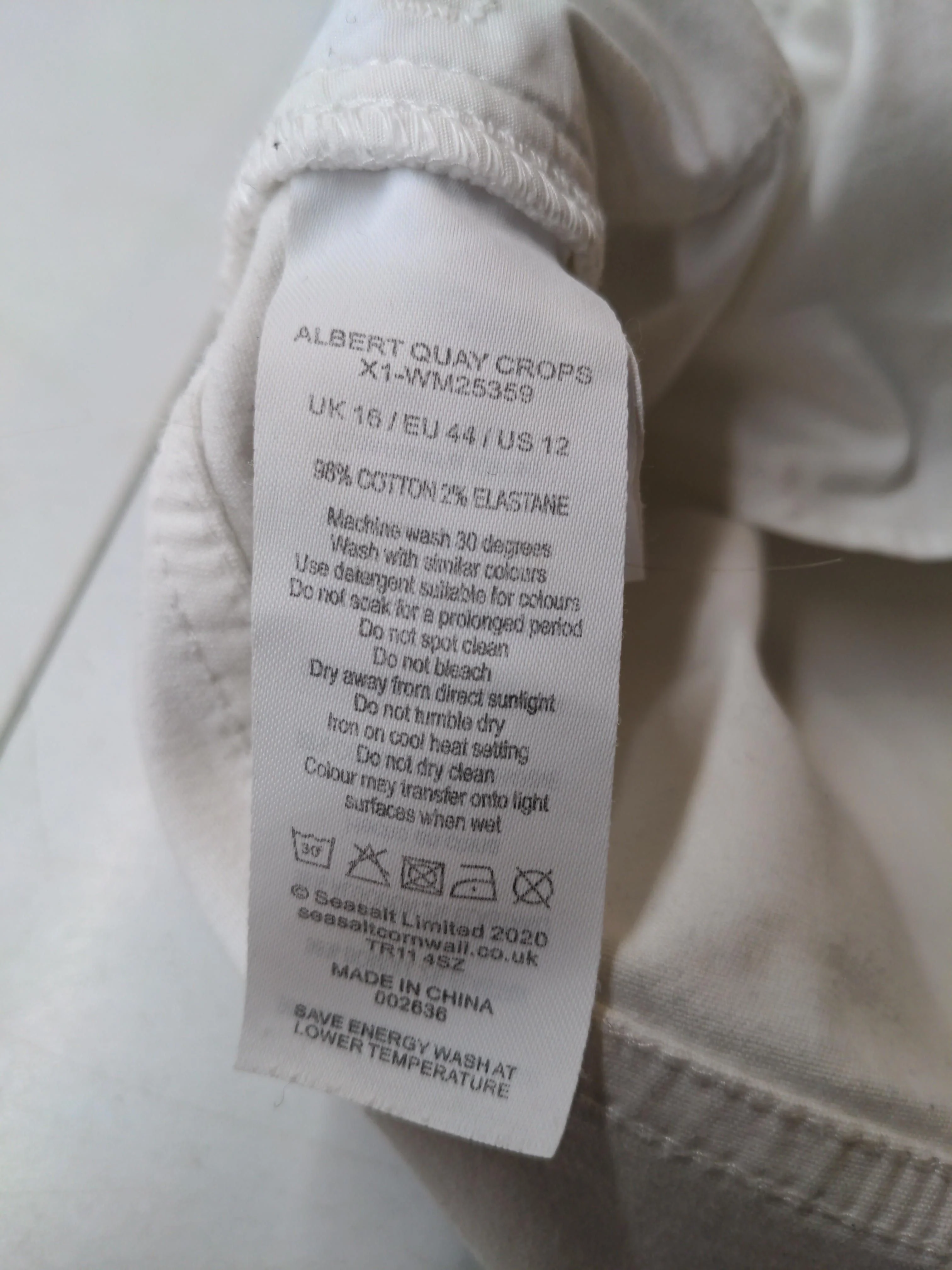 SEASALT CORNWALL Women's Trousers UK 16 White Cotton with Elastane Capri - Image 6