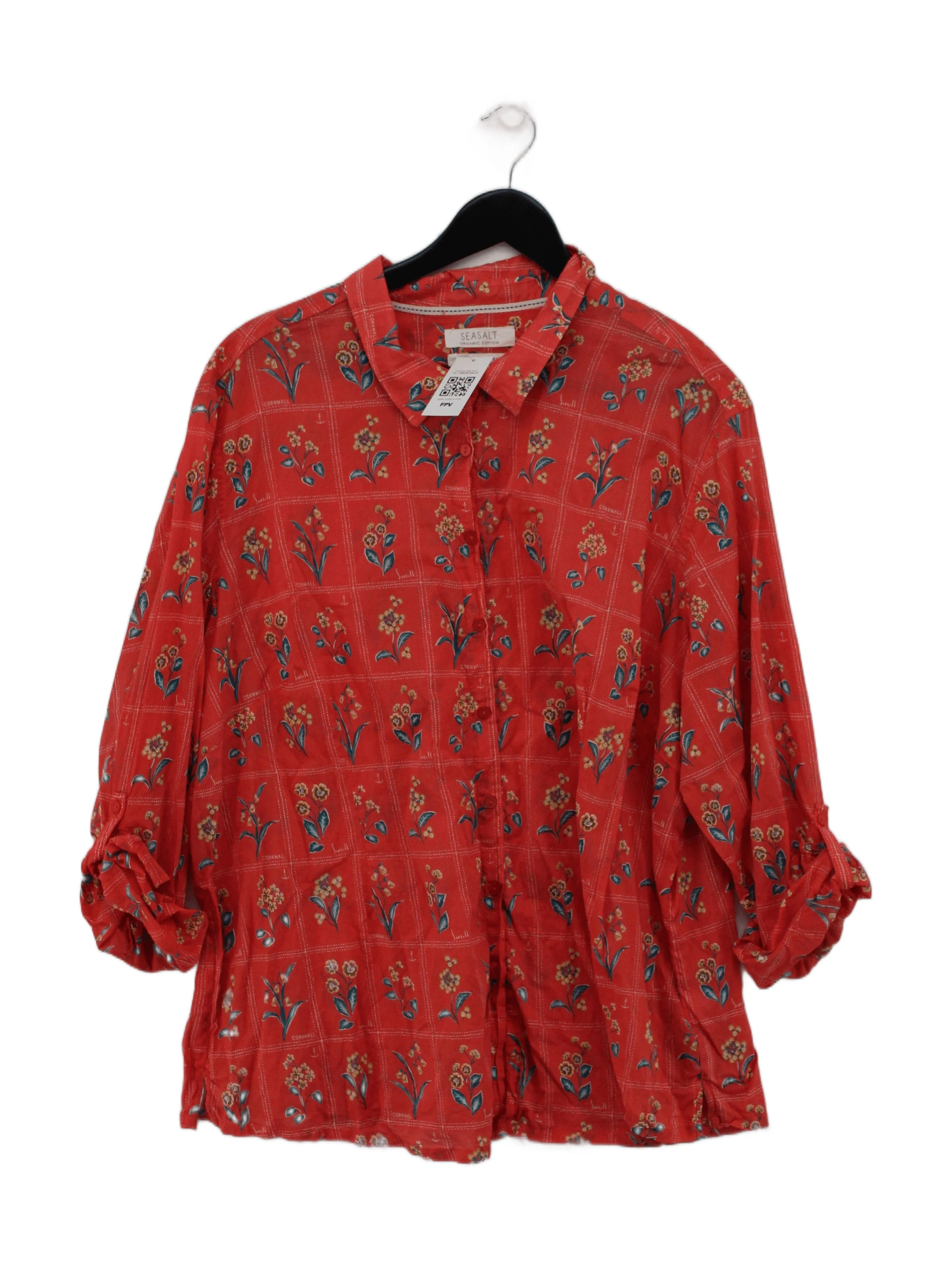 Seasalt Women's Shirt L Red Floral 100% Cotton 3/4 Sleeve Collared Basic