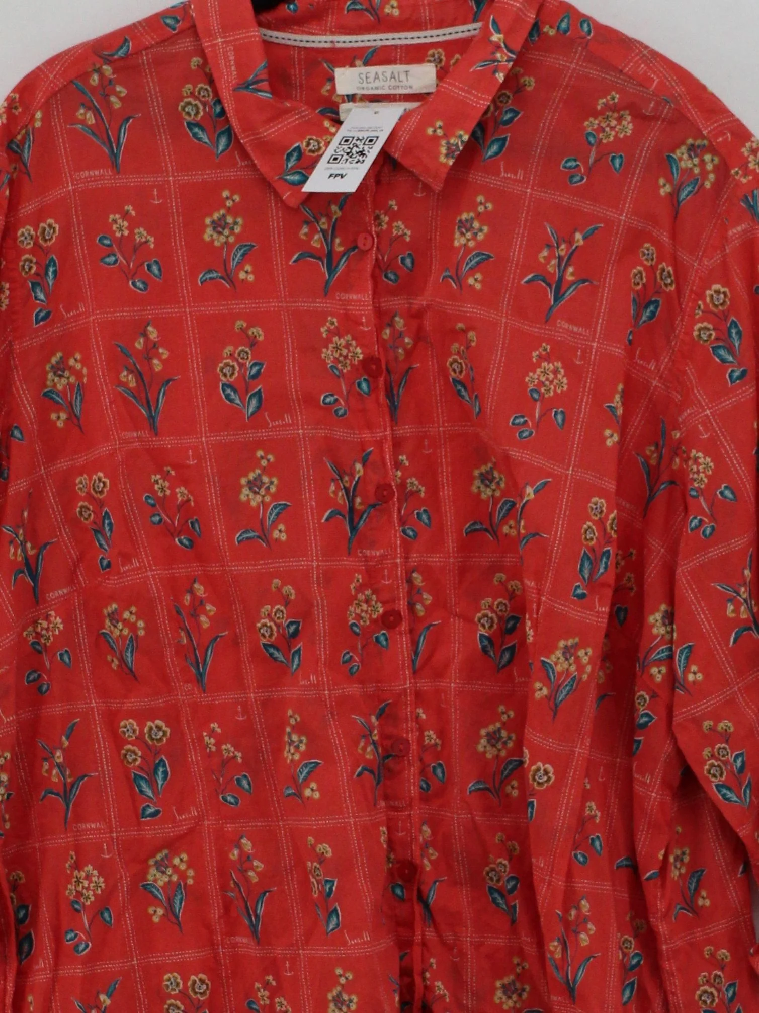Seasalt Women's Shirt L Red Floral 100% Cotton 3/4 Sleeve Collared Basic - Image 3