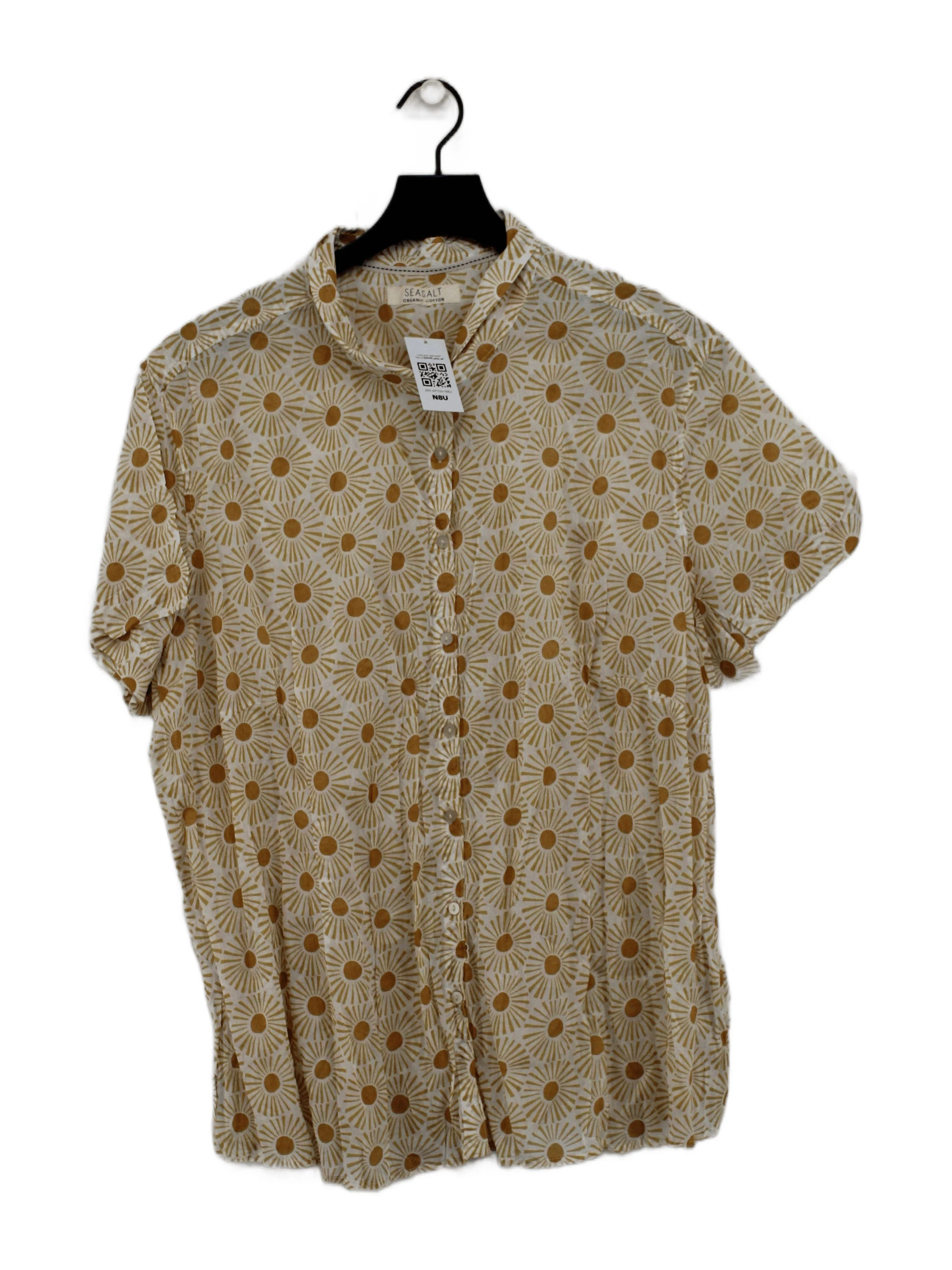 Seasalt Women's Shirt M White Floral 100% Cotton Short Sleeve Collared Basic