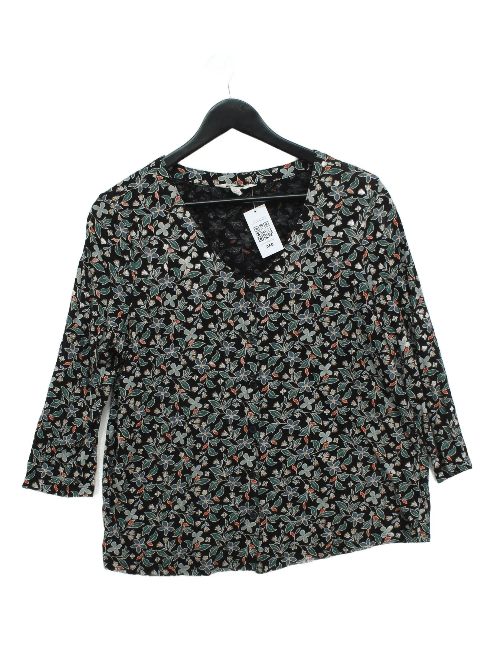 Seasalt Women's Top UK 16 Black Floral 100% Cotton 3/4 Sleeve V-Neck Basic