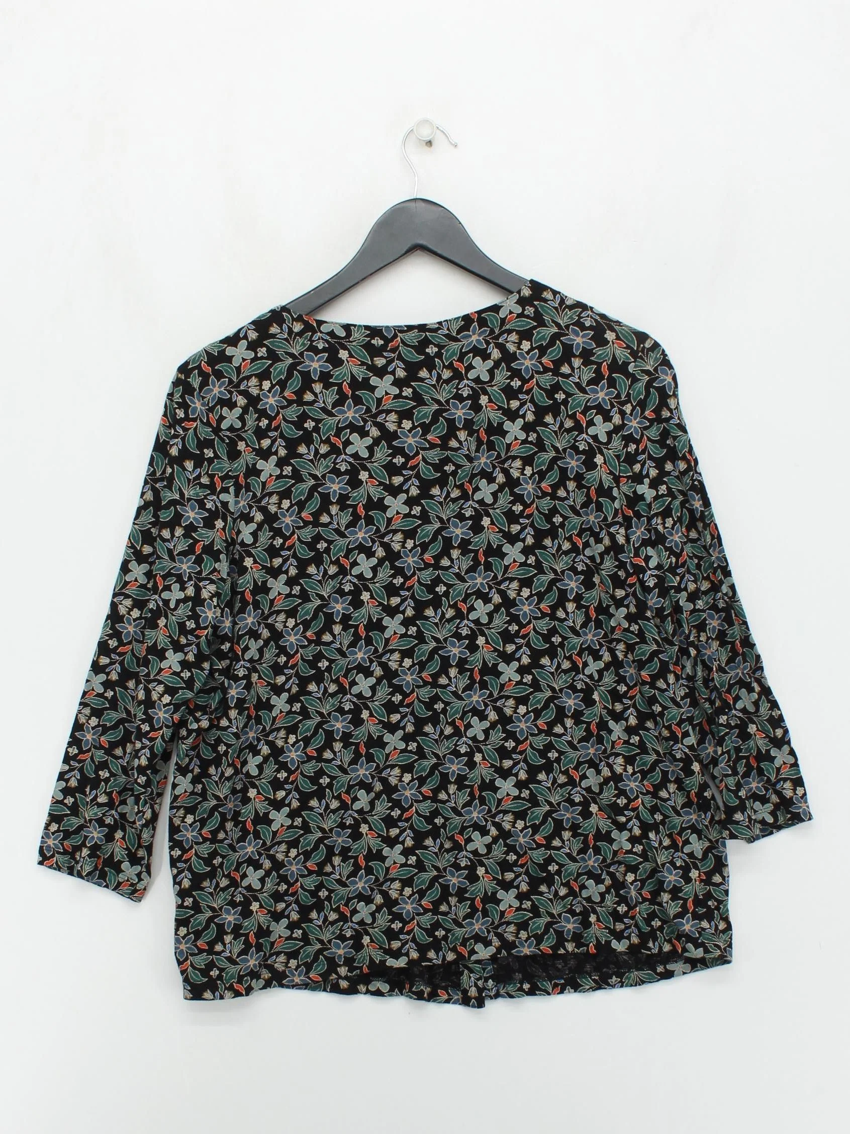 Seasalt Women's Top UK 16 Black Floral 100% Cotton 3/4 Sleeve V-Neck Basic - Image 2