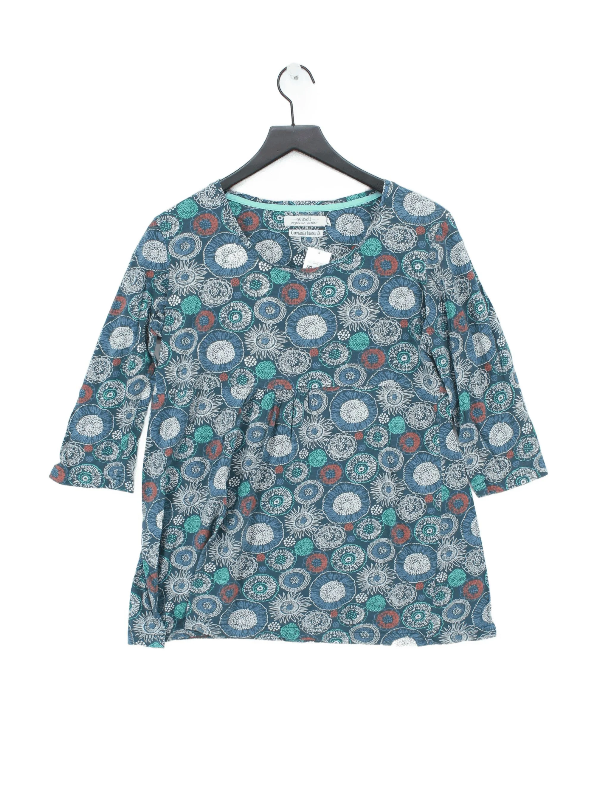 Seasalt Women's Top UK 16 Blue Geometric 100% Cotton 3/4 Sleeve Round Neck Tunic