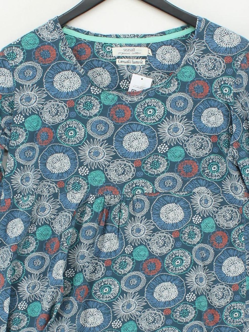 Seasalt Women's Top UK 16 Blue Geometric 100% Cotton 3/4 Sleeve Round Neck Tunic - Image 3