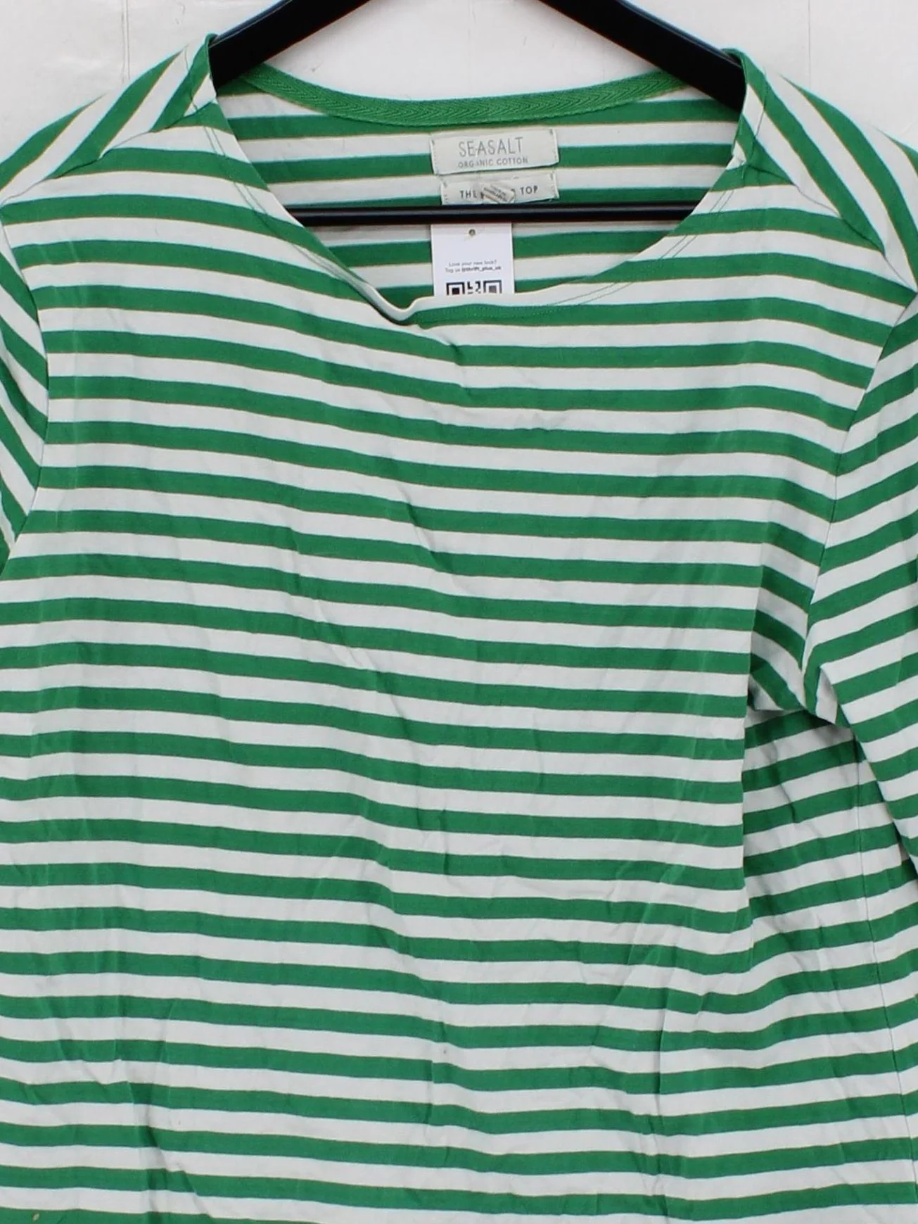 Seasalt Women's Top UK 16 Green Striped 100% Cotton 3/4 Sleeve Round Neck Basic - Image 3