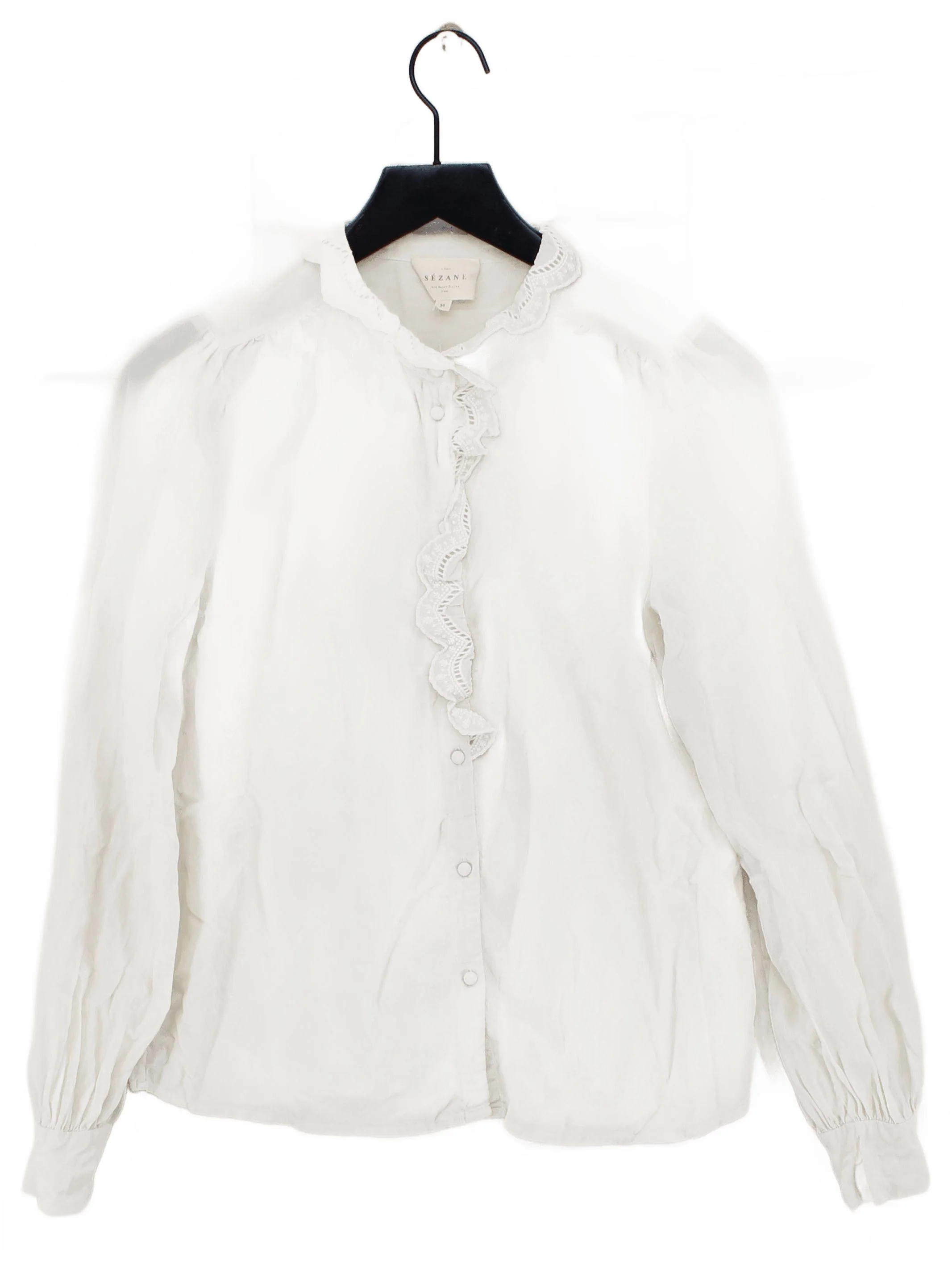 Sezane Women's Blouse UK 8 White Silk with Polyester Long Sleeve Collared Basic