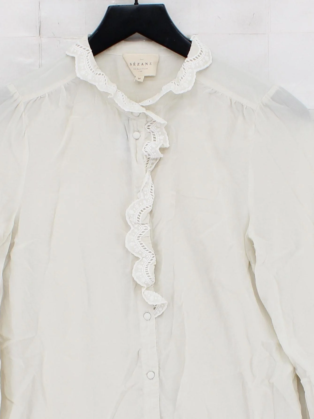 Sezane Women's Blouse UK 8 White Silk with Polyester Long Sleeve Collared Basic - Image 3