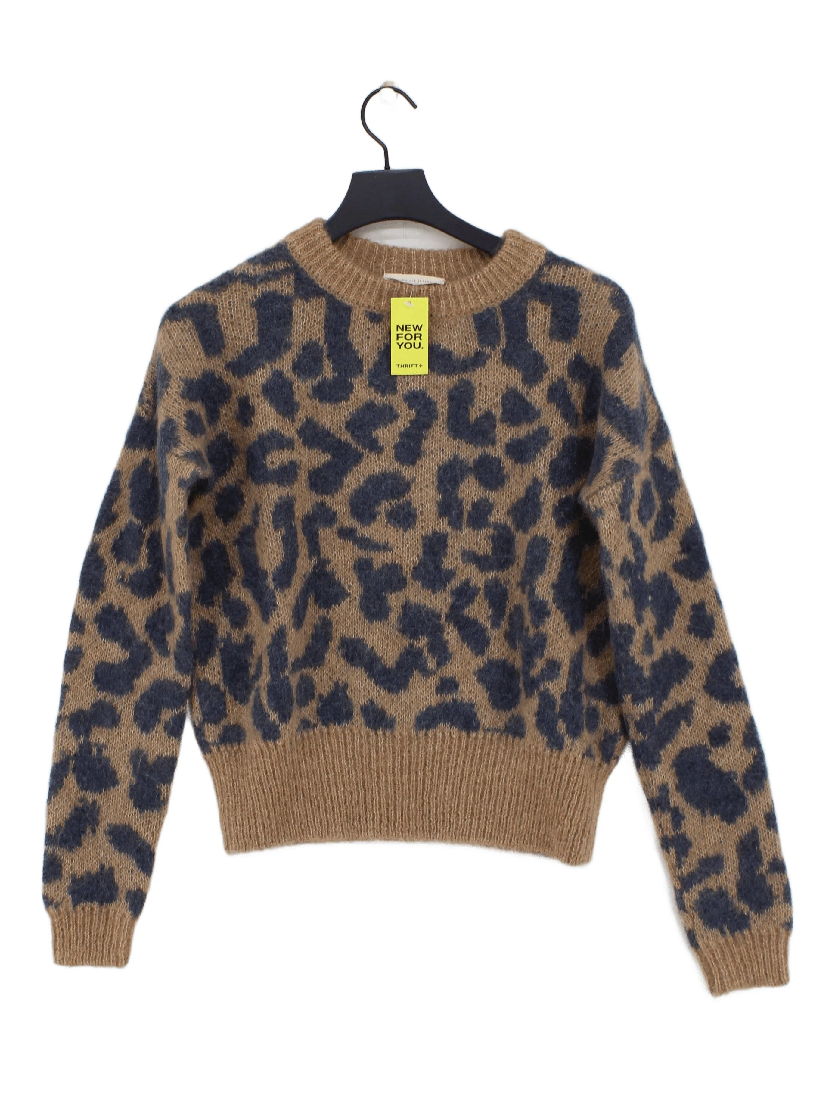 Sezane Women's Jumper S Brown Animal Print 100% Wool Crew Neck Pullover