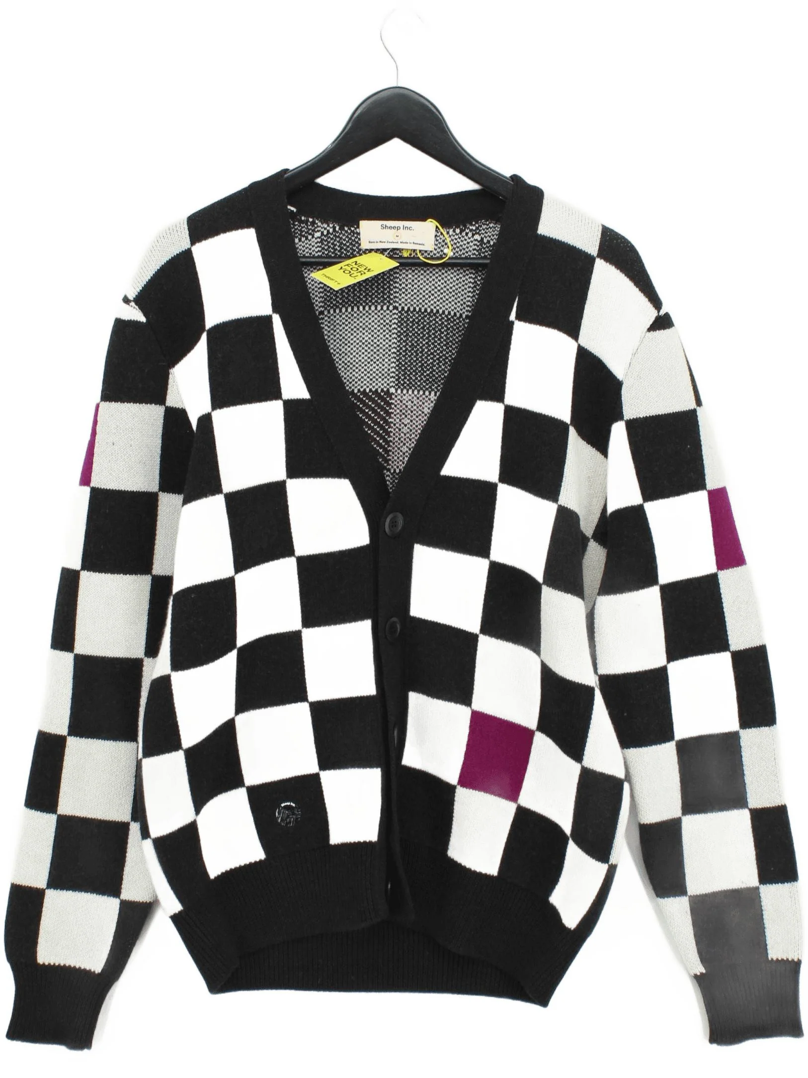 Sheep Inc Men's Cardigan M Multi Checkered 100% Wool V-Neck Cardigan