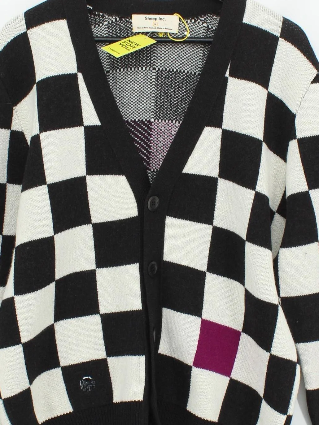 Sheep Inc Men's Cardigan M Multi Checkered 100% Wool V-Neck Cardigan - Image 3