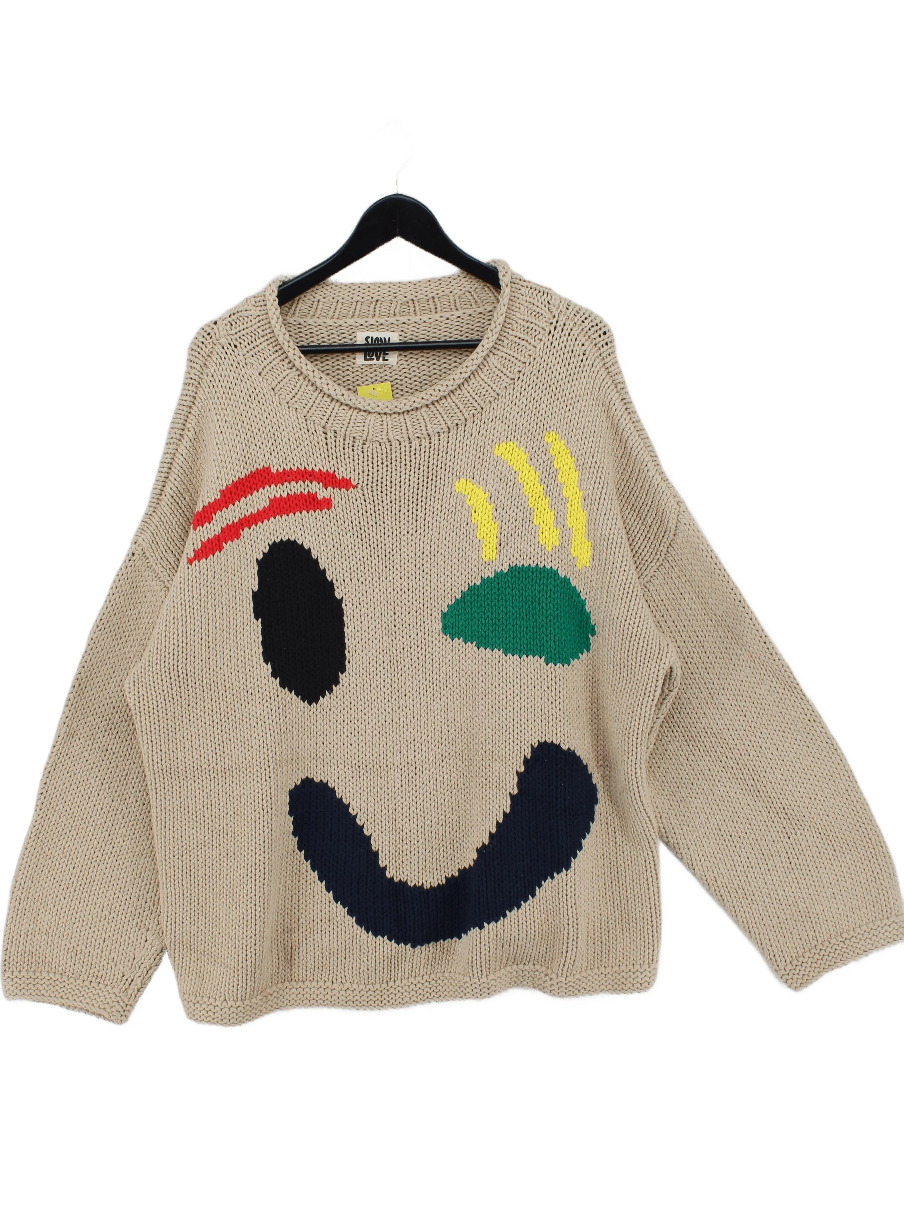 SLOW LOVE Women's Jumper L Cream Graphic 100% Cotton Crew Neck Pullover