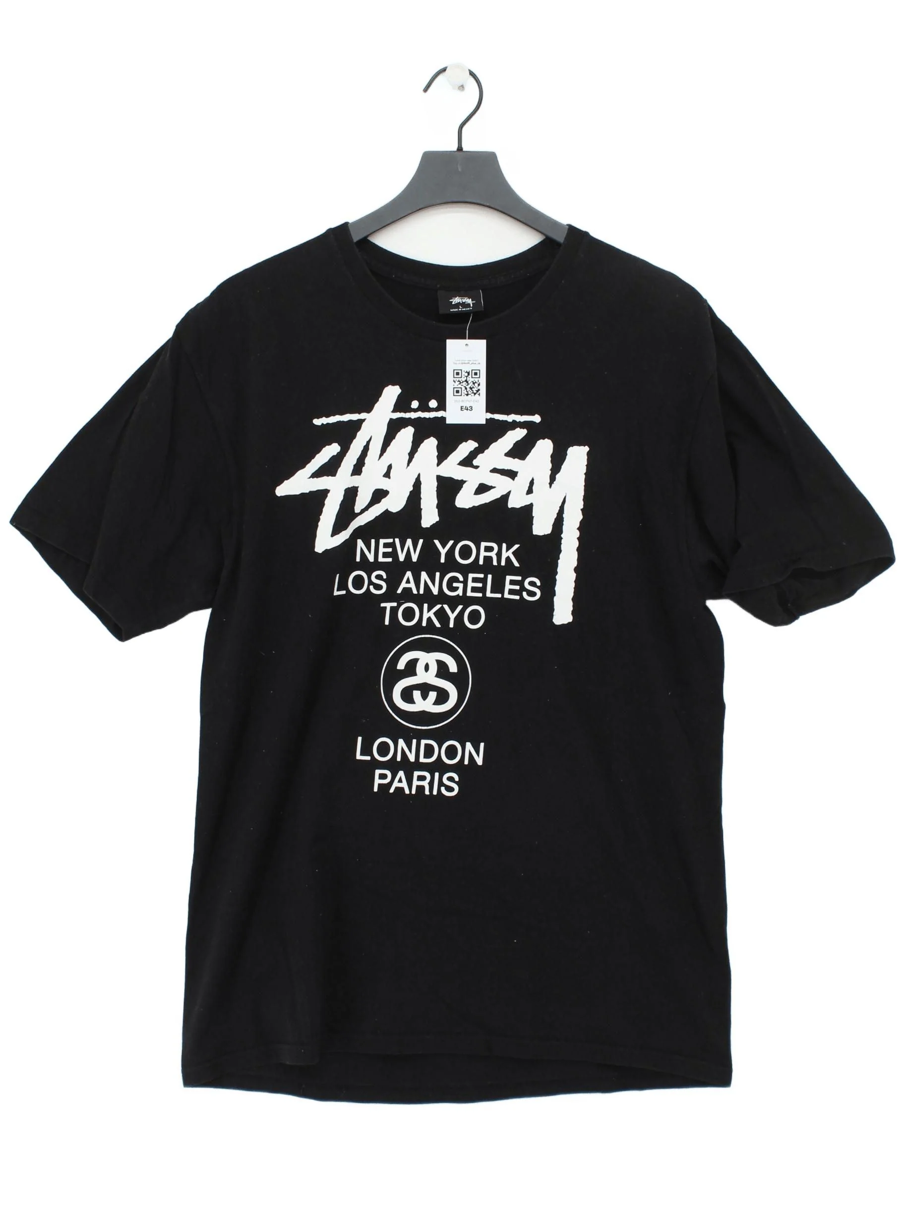 Stussy Men's T-Shirt L Black Graphic 100% Cotton Basic