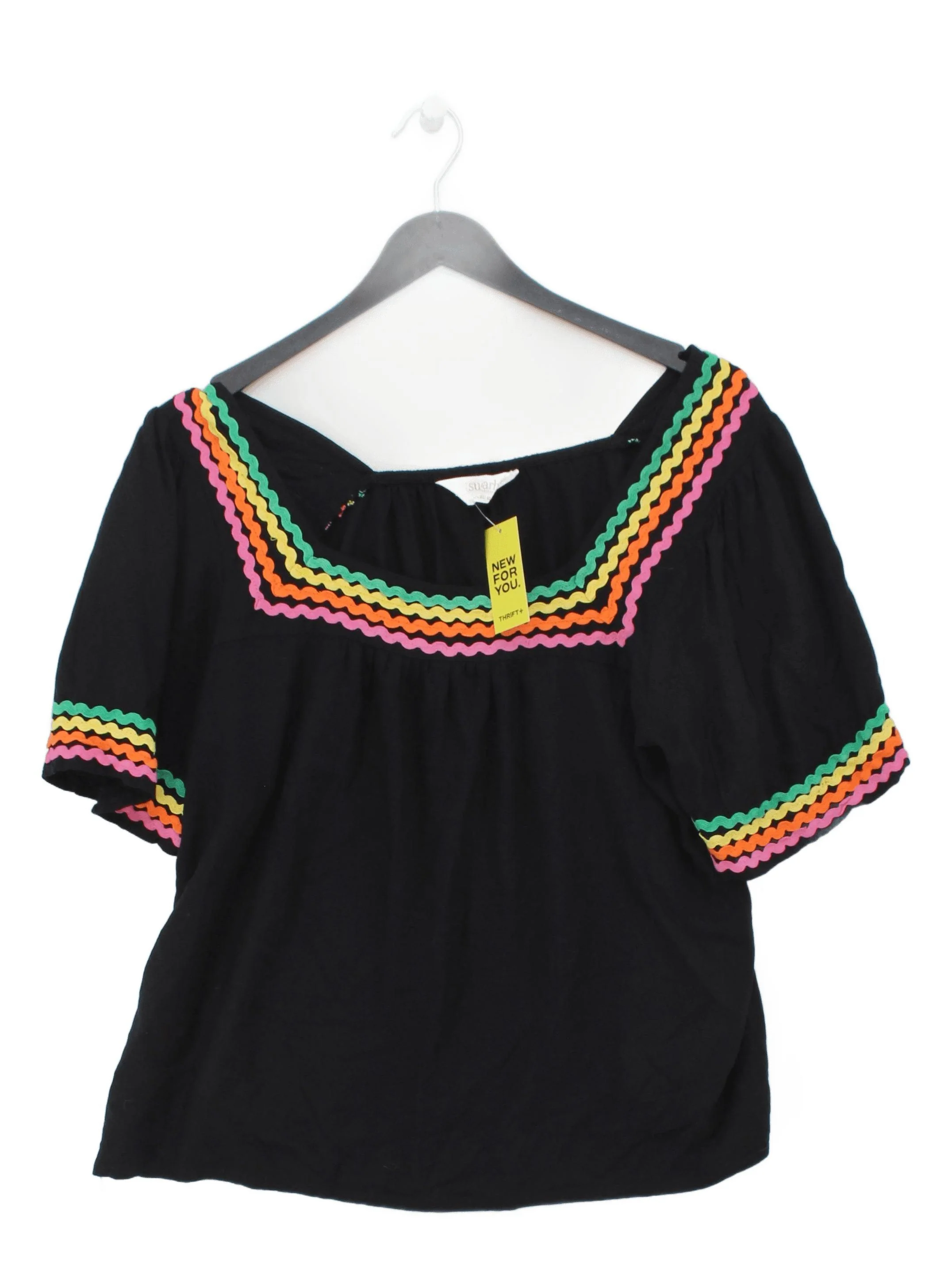 Sugarhill Women's Top UK 14 Black 100% Viscose Short Sleeve Square Neck Basic