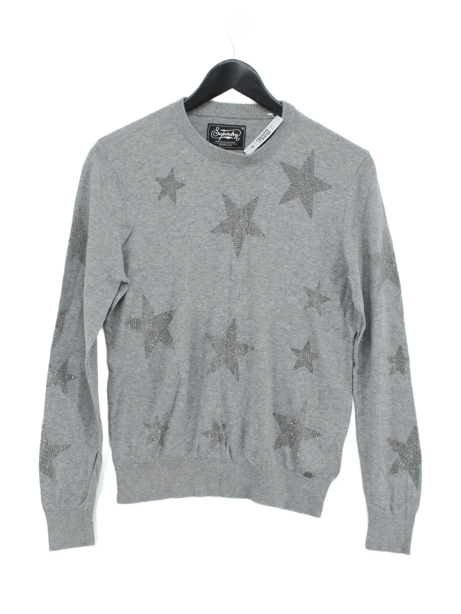 Superdry Women's Jumper S Grey Graphic Cotton with Wool Crew Neck Pullover