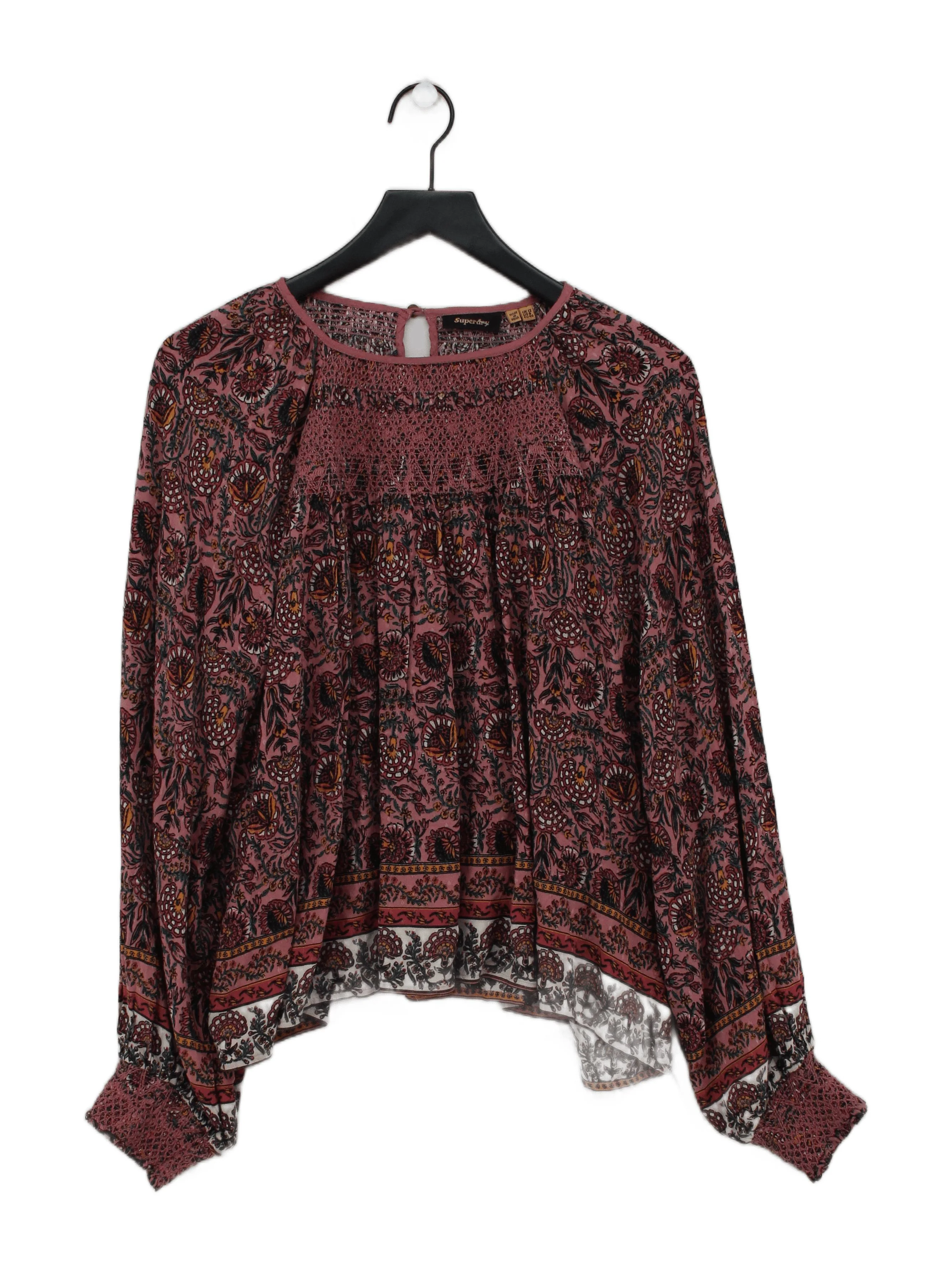 Superdry Women's Top L Pink Floral 100% Viscose Long Sleeve Round Neck Basic