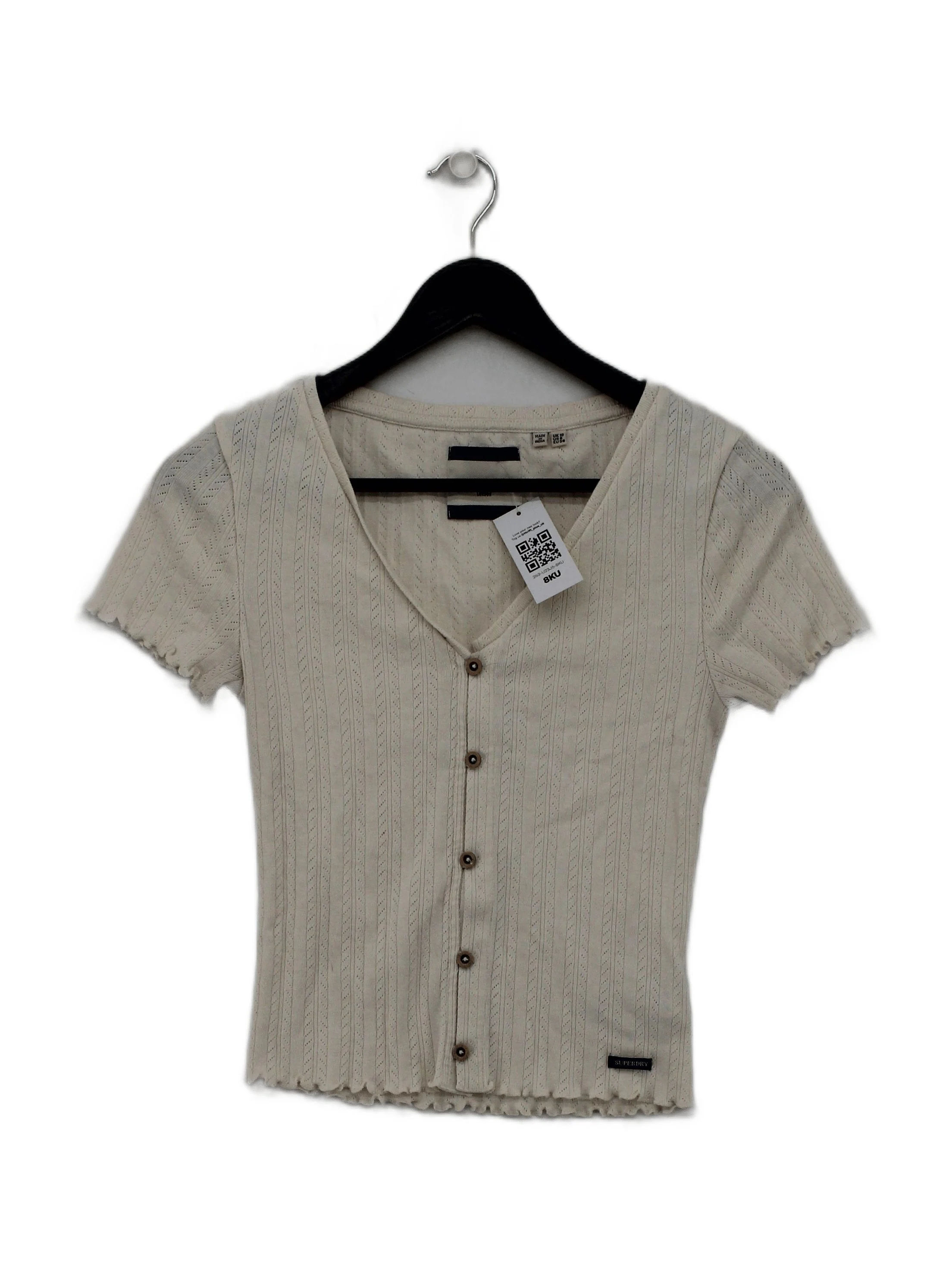 Superdry Women's Top UK 10 Cream Cotton with Polyester Short Sleeve V-Neck Basic