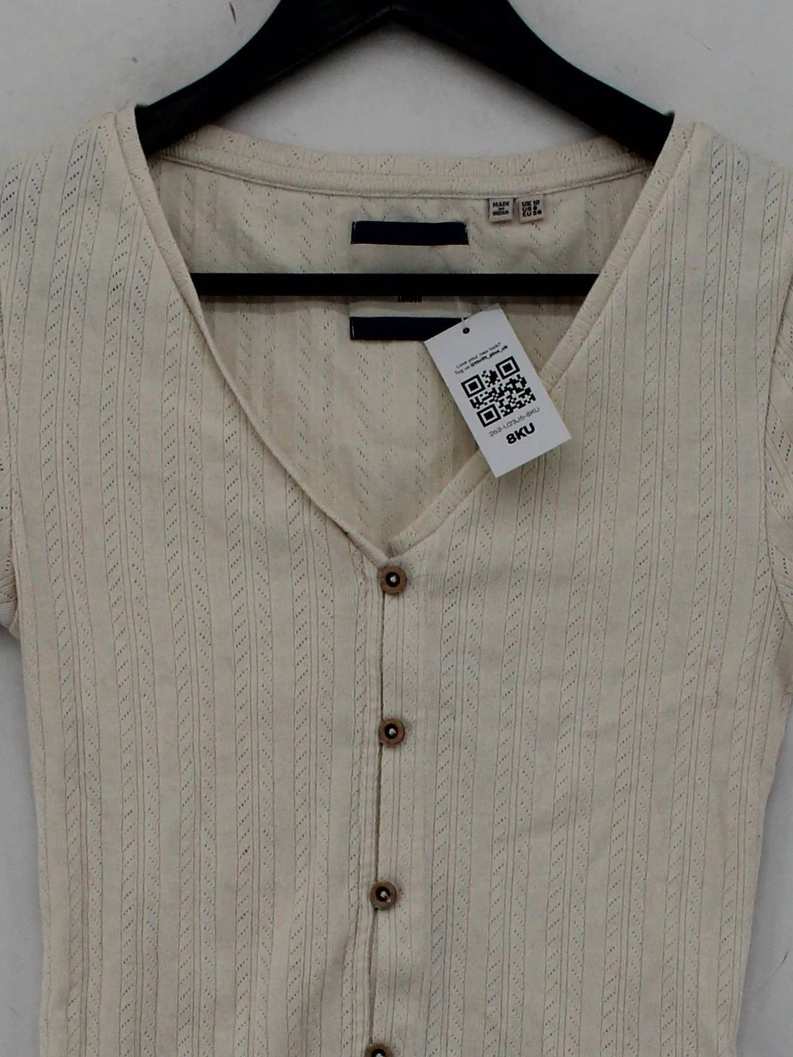 Superdry Women's Top UK 10 Cream Cotton with Polyester Short Sleeve V-Neck Basic - Image 3