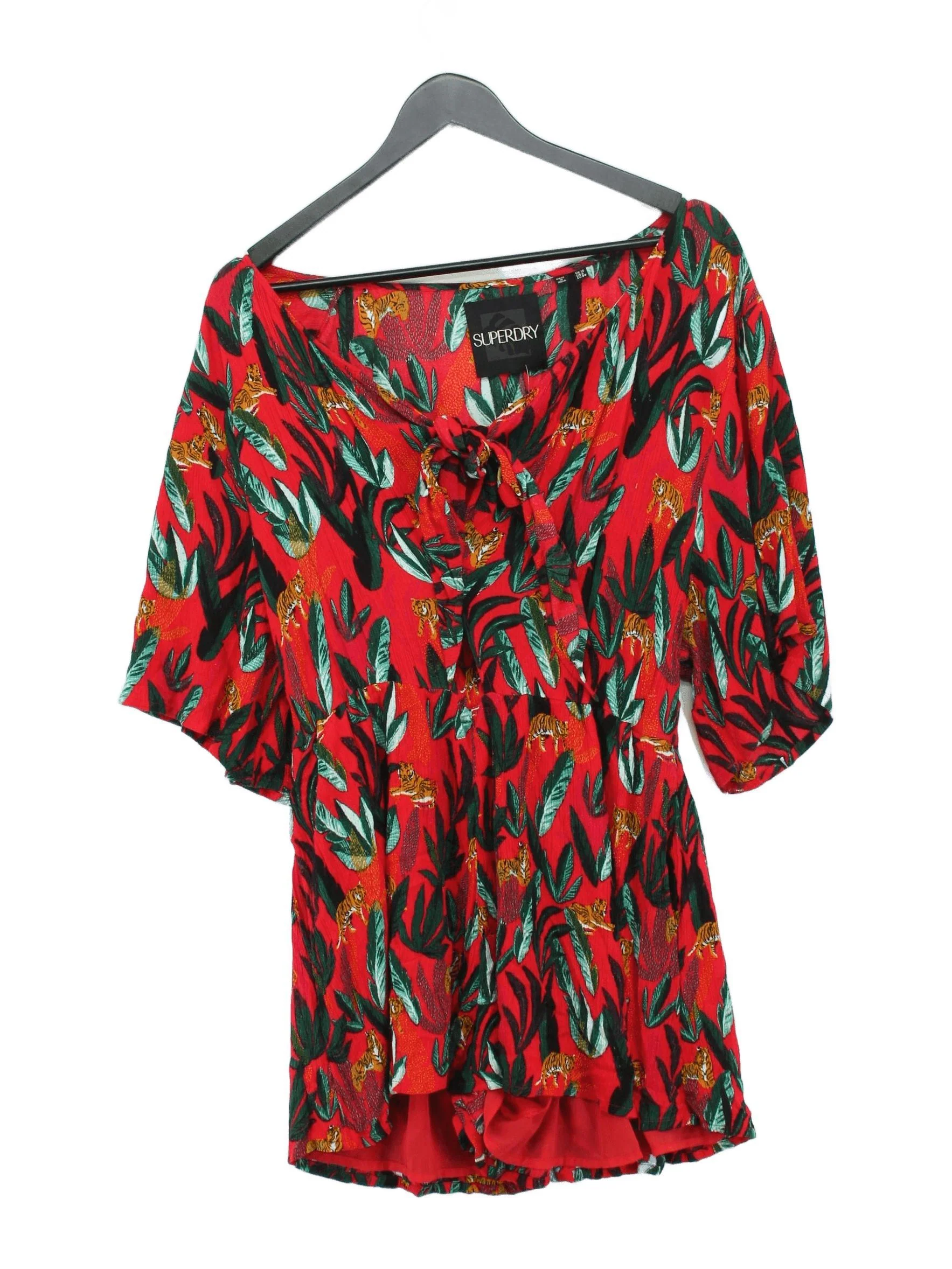Superdry Women's Top UK 10 Red Animal Print 100% Other Short Sleeve V-Neck Basic
