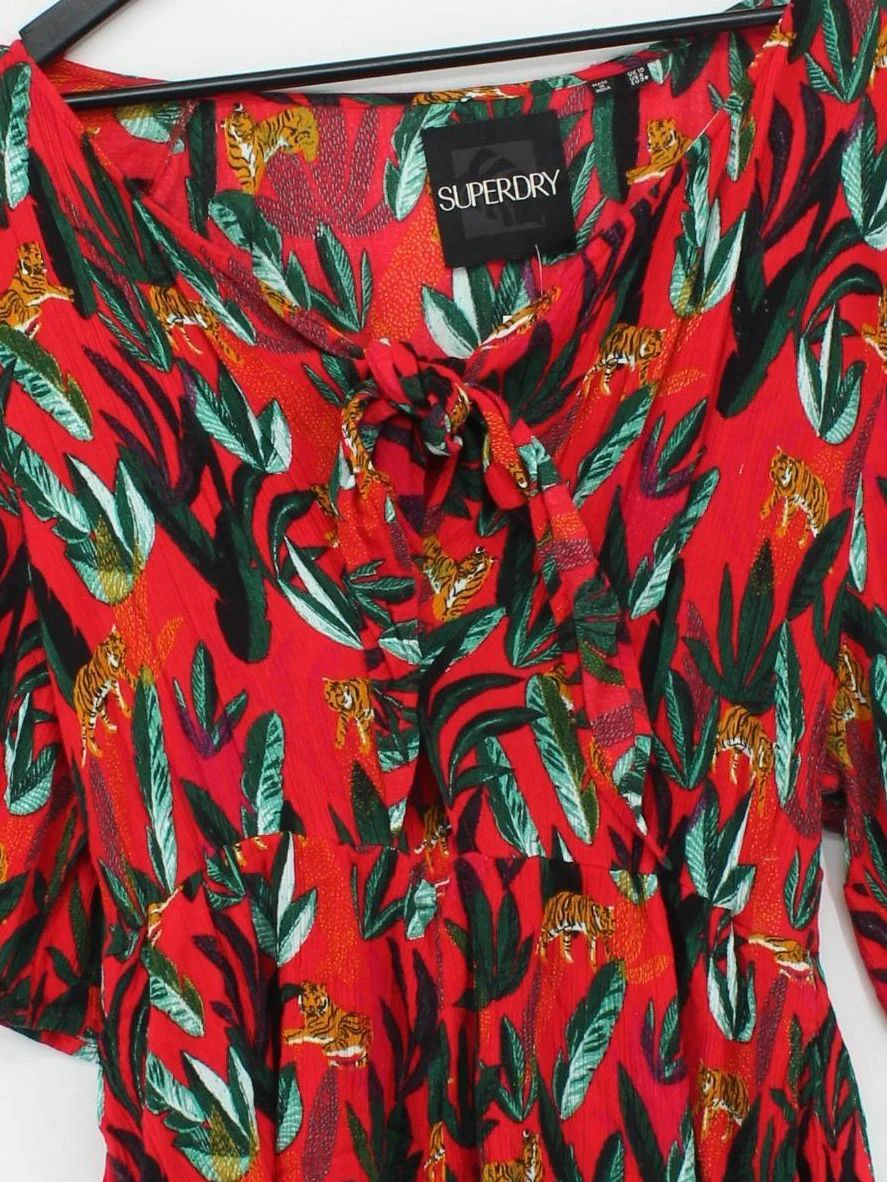 Superdry Women's Top UK 10 Red Animal Print 100% Other Short Sleeve V-Neck Basic - Image 3