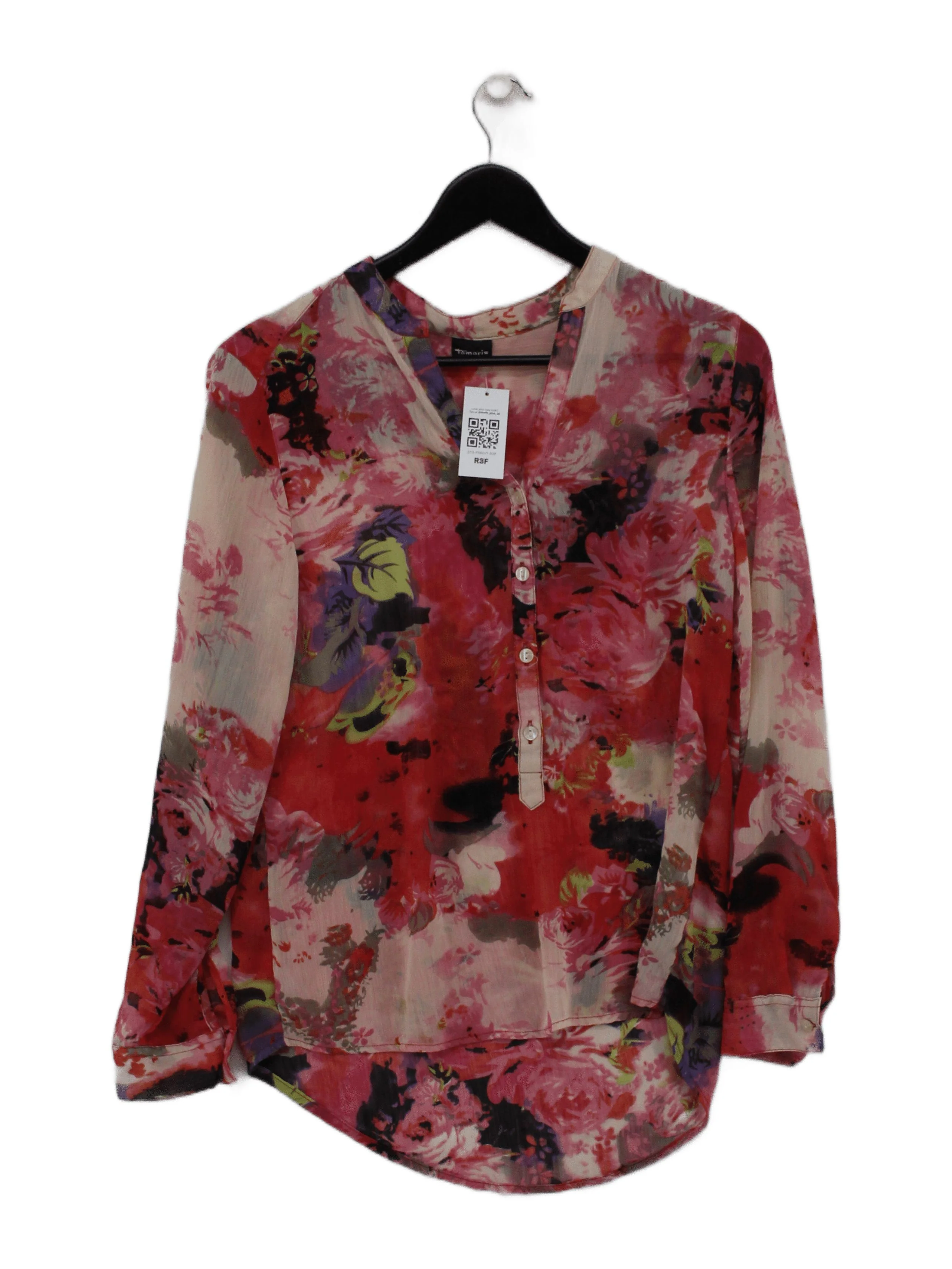 Tamaris Women's Blouse UK 12 Red Floral 100% Other Long Sleeve Collared Basic
