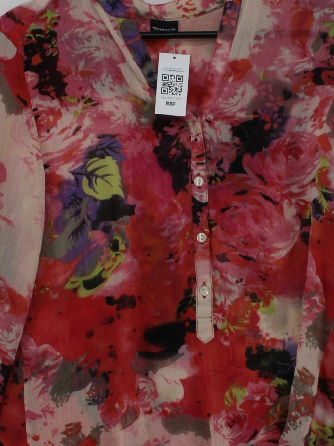 Tamaris Women's Blouse UK 12 Red Floral 100% Other Long Sleeve Collared Basic - Image 3