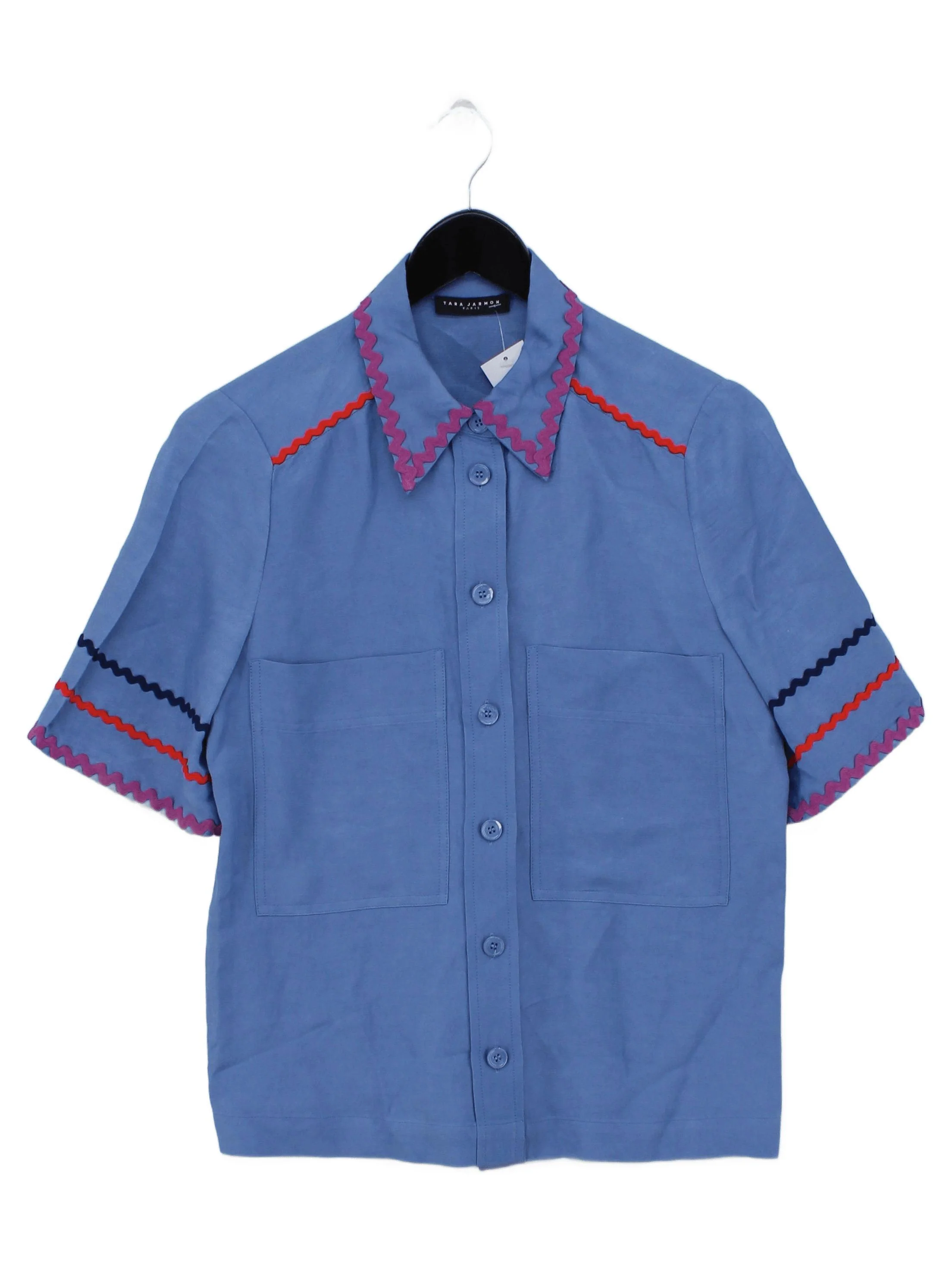 Tara Jarmon Women's Shirt S Blue Viscose with Linen Short Sleeve Collared Basic