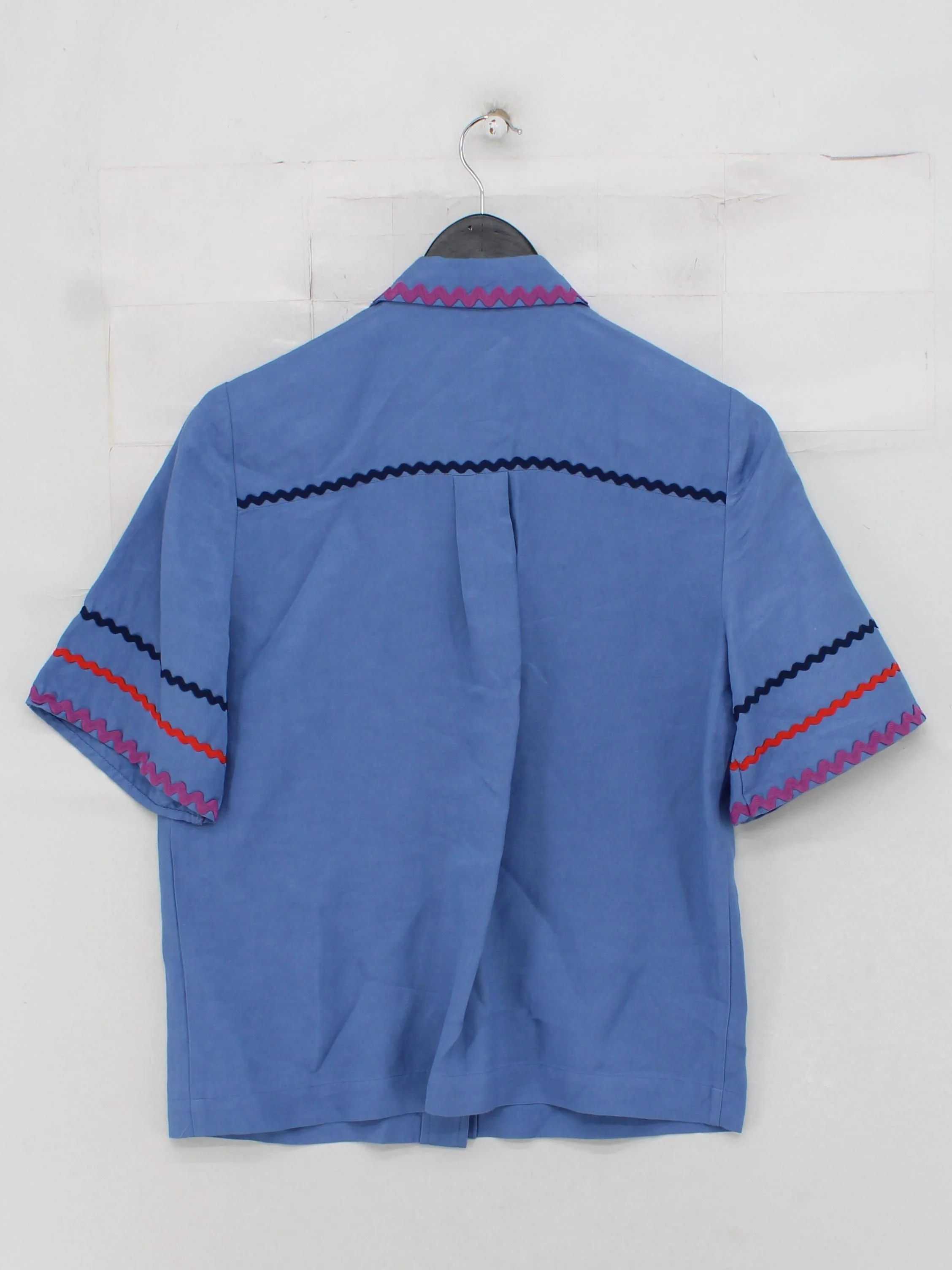 Tara Jarmon Women's Shirt S Blue Viscose with Linen Short Sleeve Collared Basic - Image 2