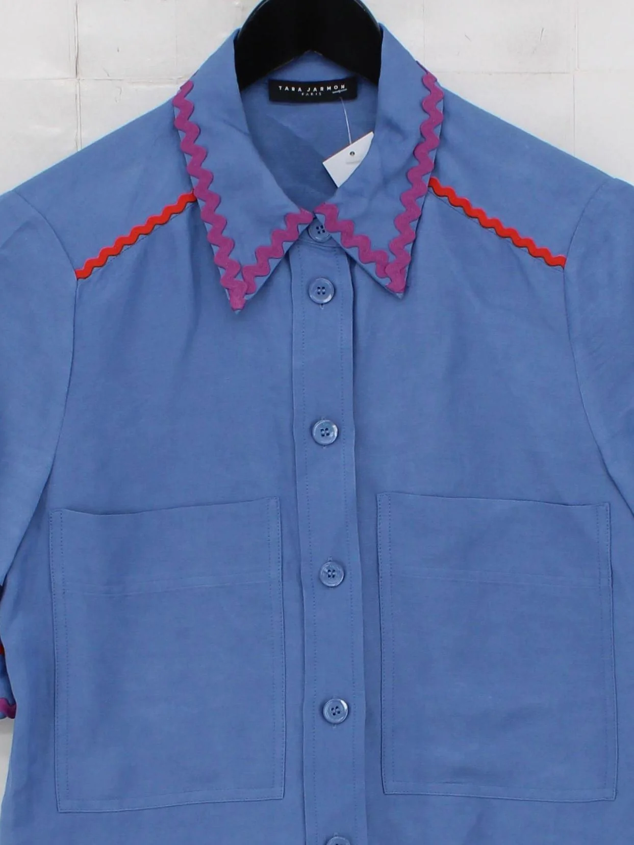 Tara Jarmon Women's Shirt S Blue Viscose with Linen Short Sleeve Collared Basic - Image 3