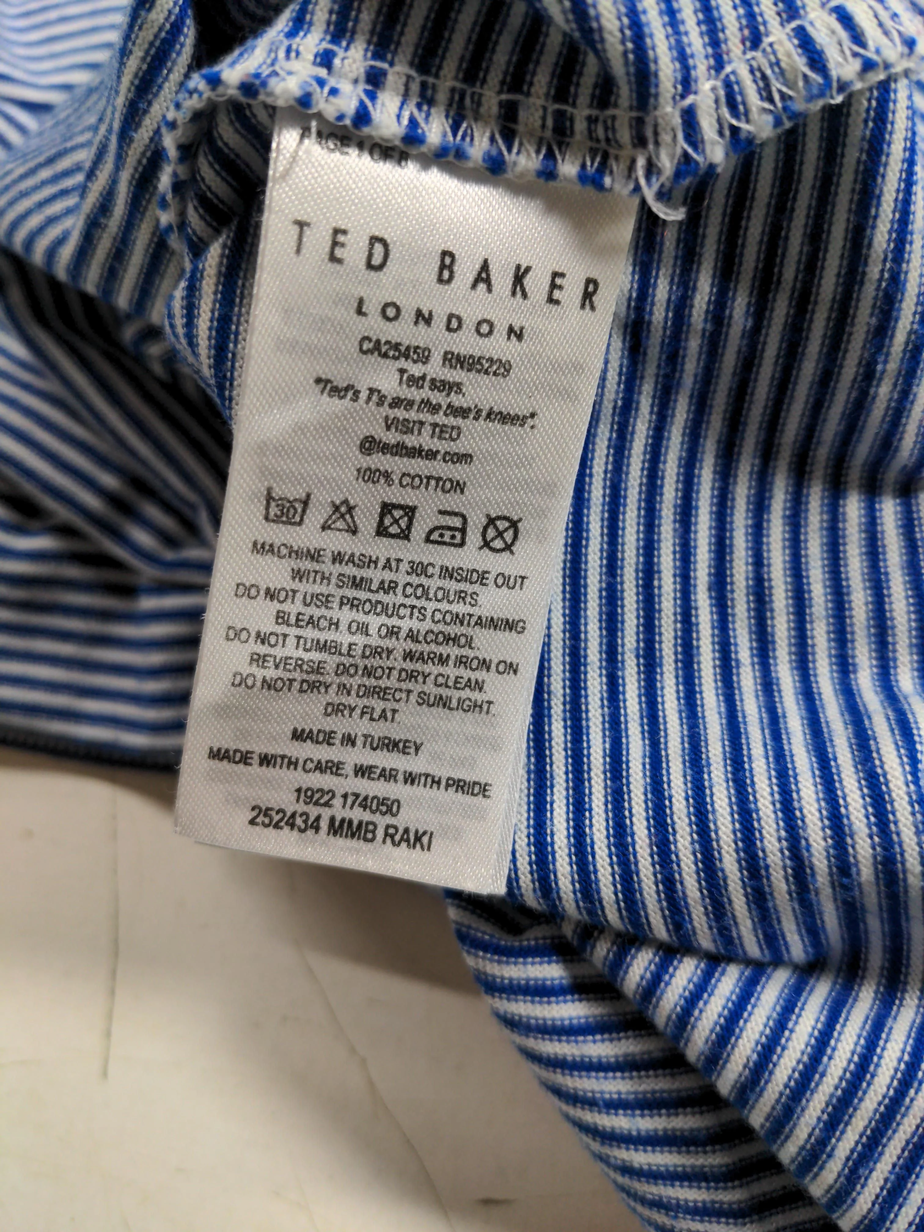 Ted Baker Men's T-Shirt S Blue Striped 100% Cotton Basic - Image 6
