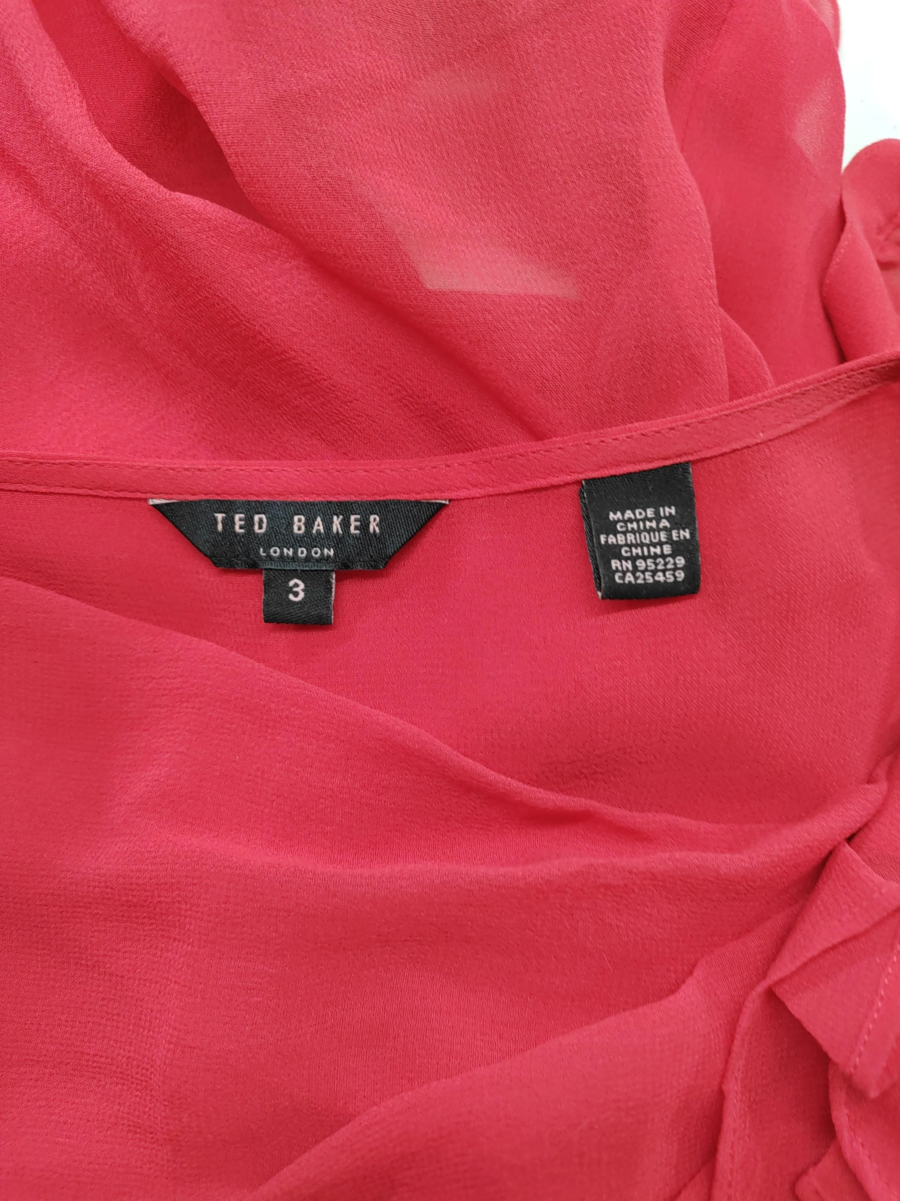 Ted Baker Women's Blouse UK 12 Red 100% Silk 3/4 Sleeve Round Neck Basic - Image 5