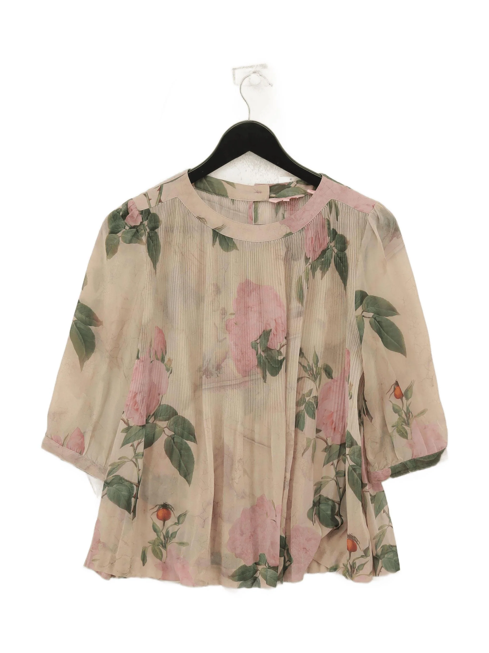 Ted Baker Women's Top S Cream Floral 100% Other 3/4 Sleeve Round Neck Basic