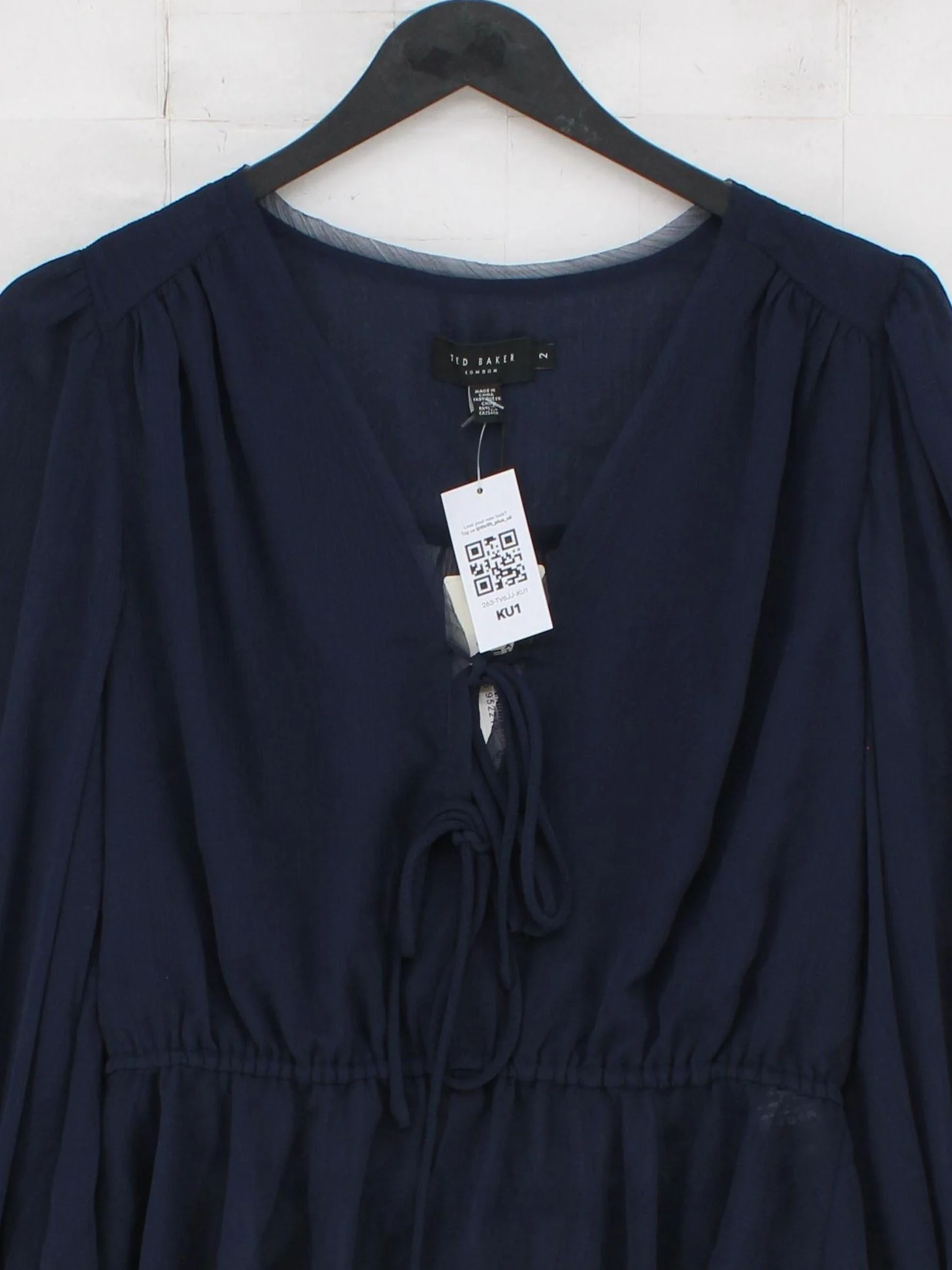 Ted Baker Women's Top UK 10 Blue 100% Polyester Long Sleeve V-Neck Basic - Image 3