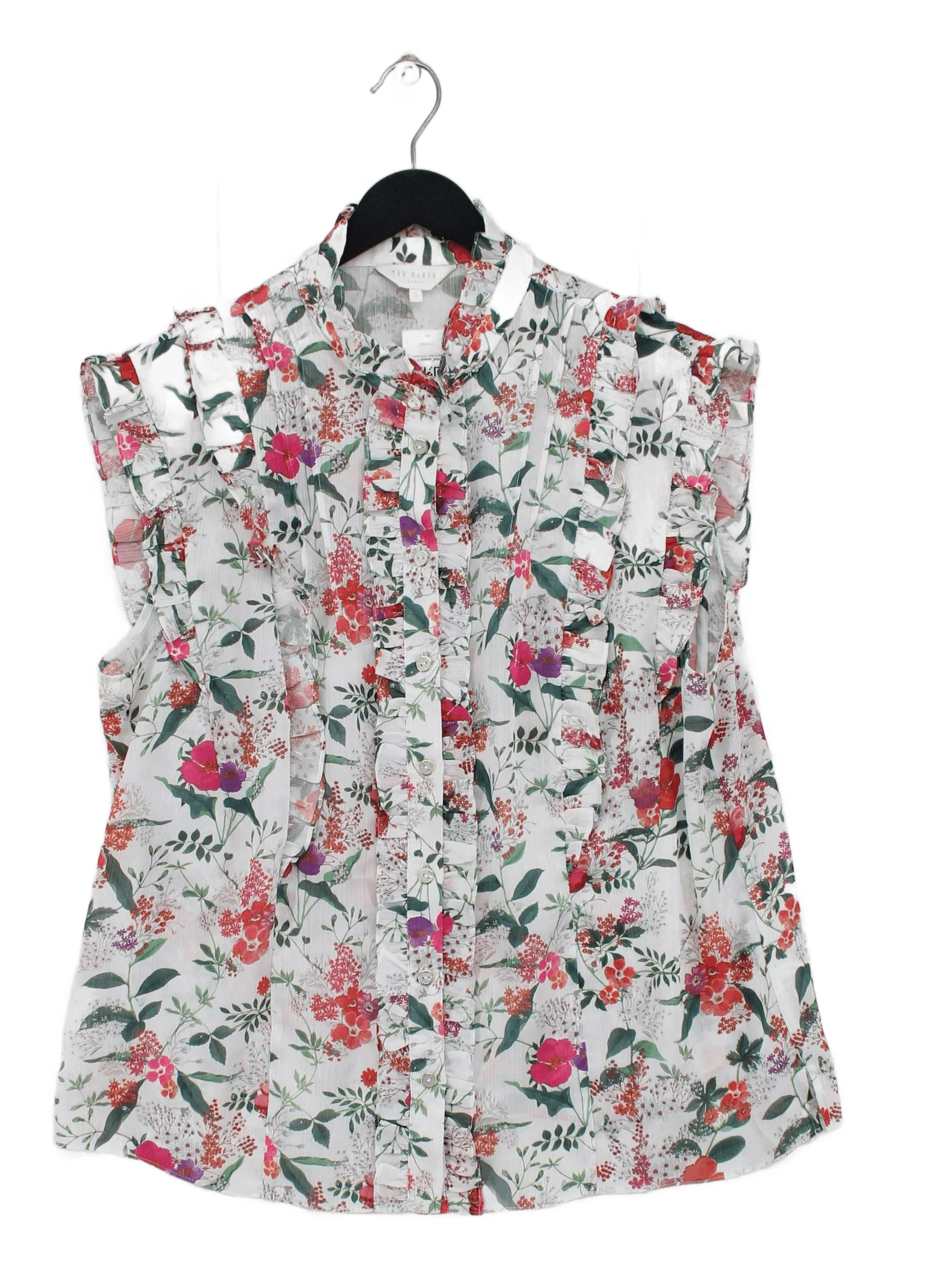 Ted Baker Women's Top XL White Floral 100% Polyester Sleeveless Collared Basic