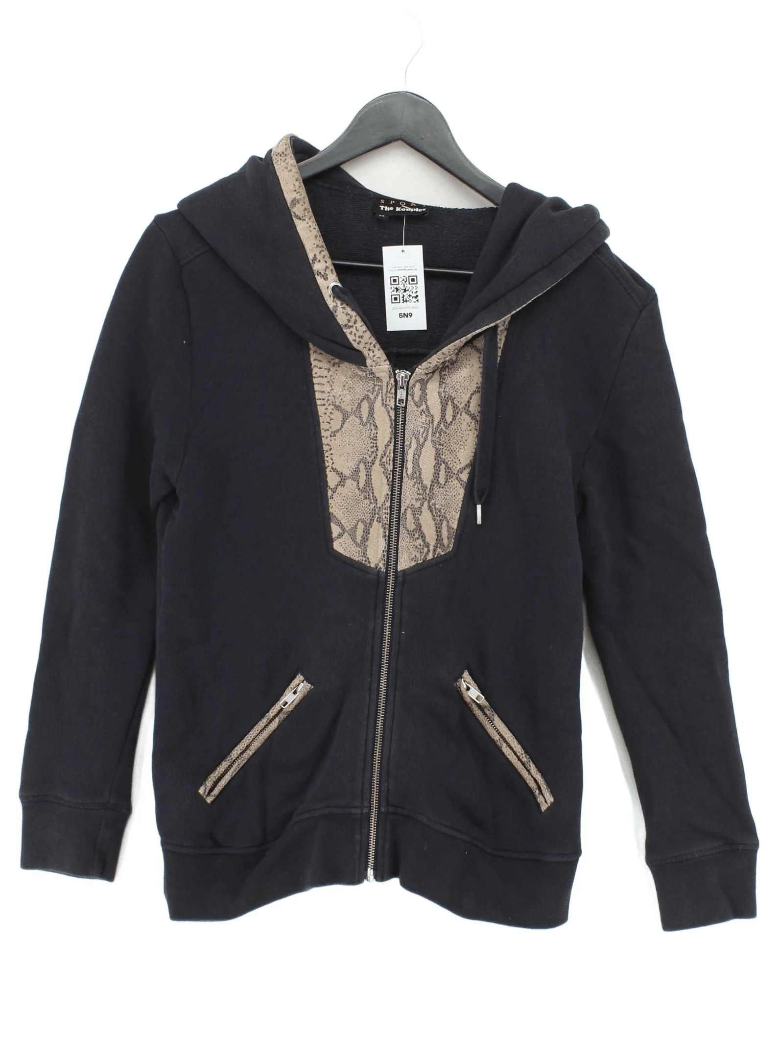 The Kooples Men's Hoodie XS Black Animal Print Cotton with Leather Pullover