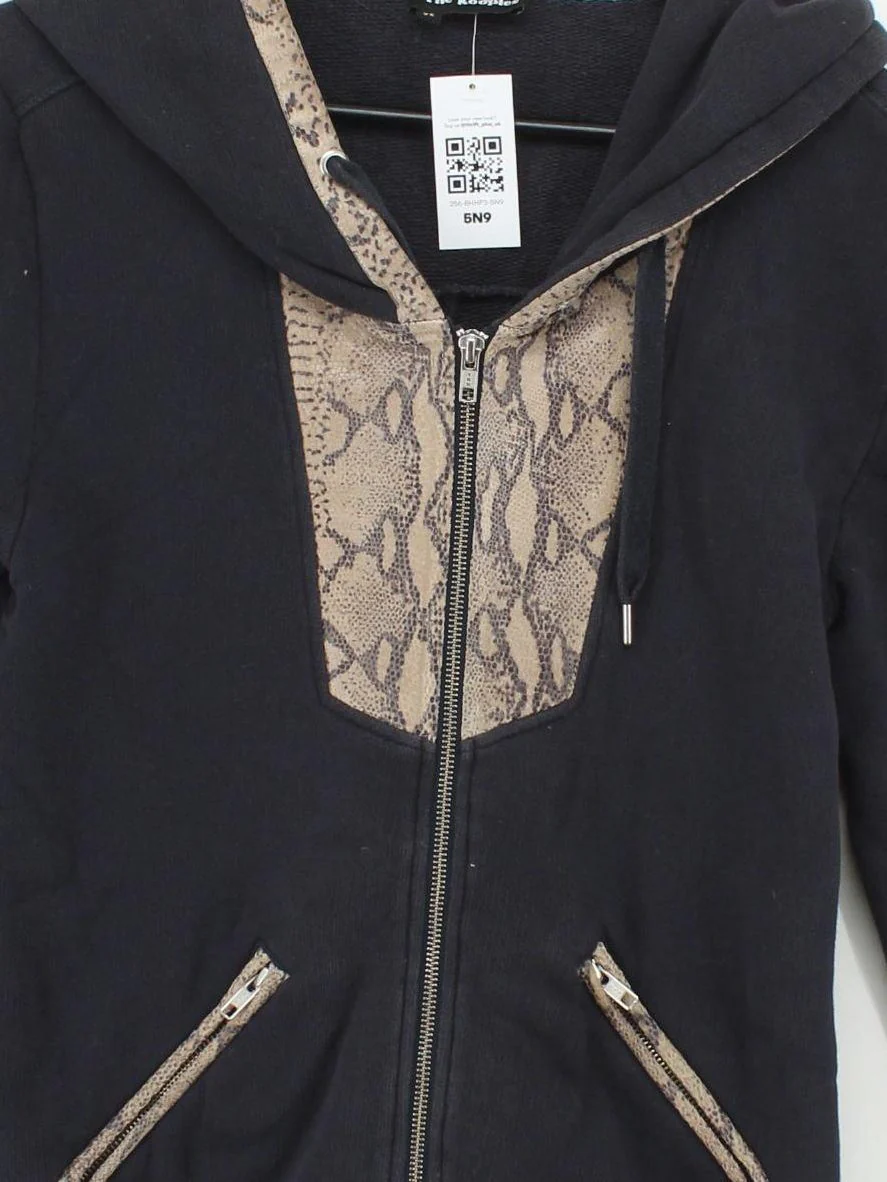 The Kooples Men's Hoodie XS Black Animal Print Cotton with Leather Pullover - Image 3