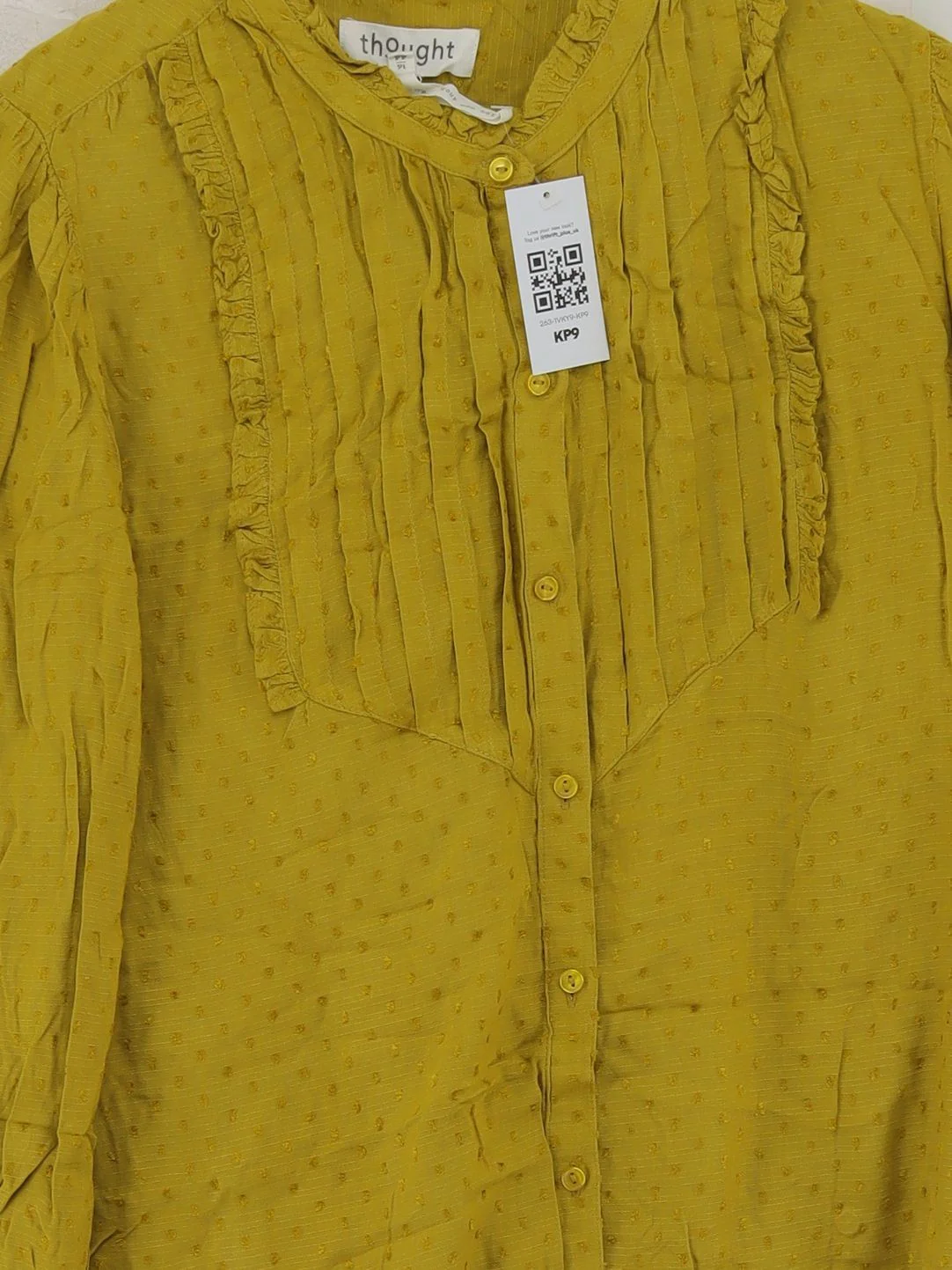 Thought Women's Blouse UK 16 Yellow 100% Viscose Long Sleeve Collared Basic - Image 3