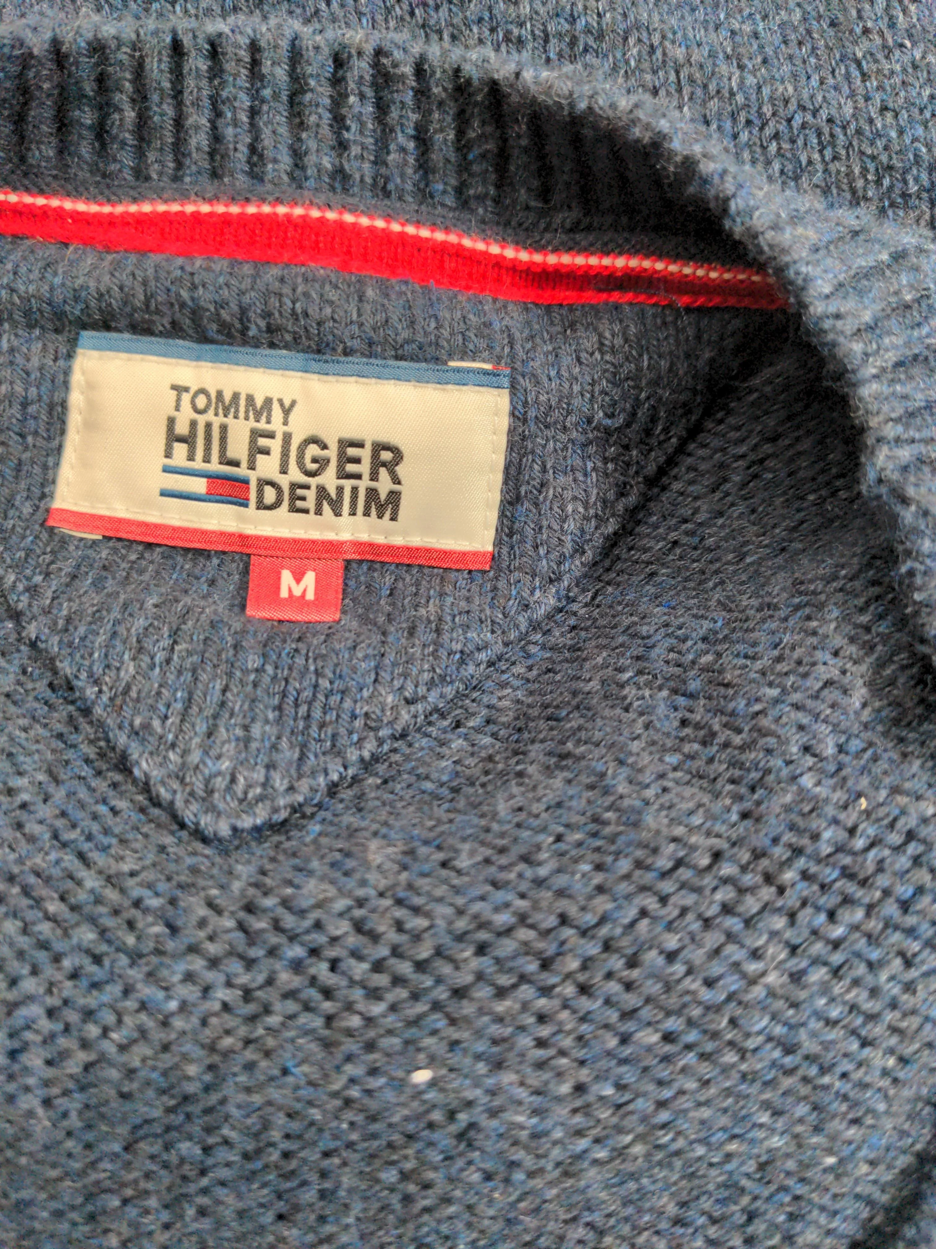 Tommy Hilfiger Men's Jumper M Blue 100% Cotton V-Neck Pullover - Image 6