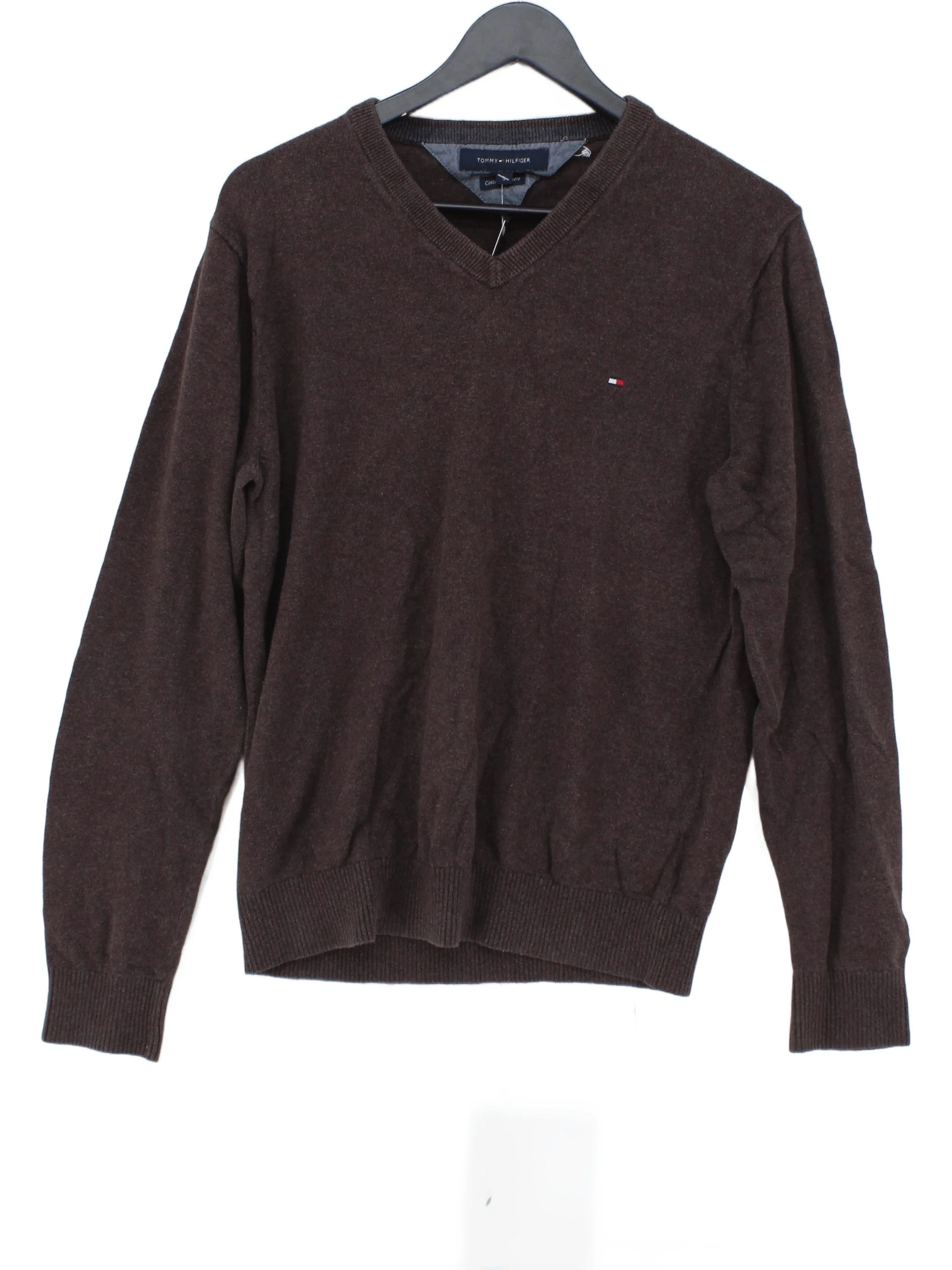 Tommy Hilfiger Men's Jumper S Brown Cotton with Cashmere V-Neck Pullover
